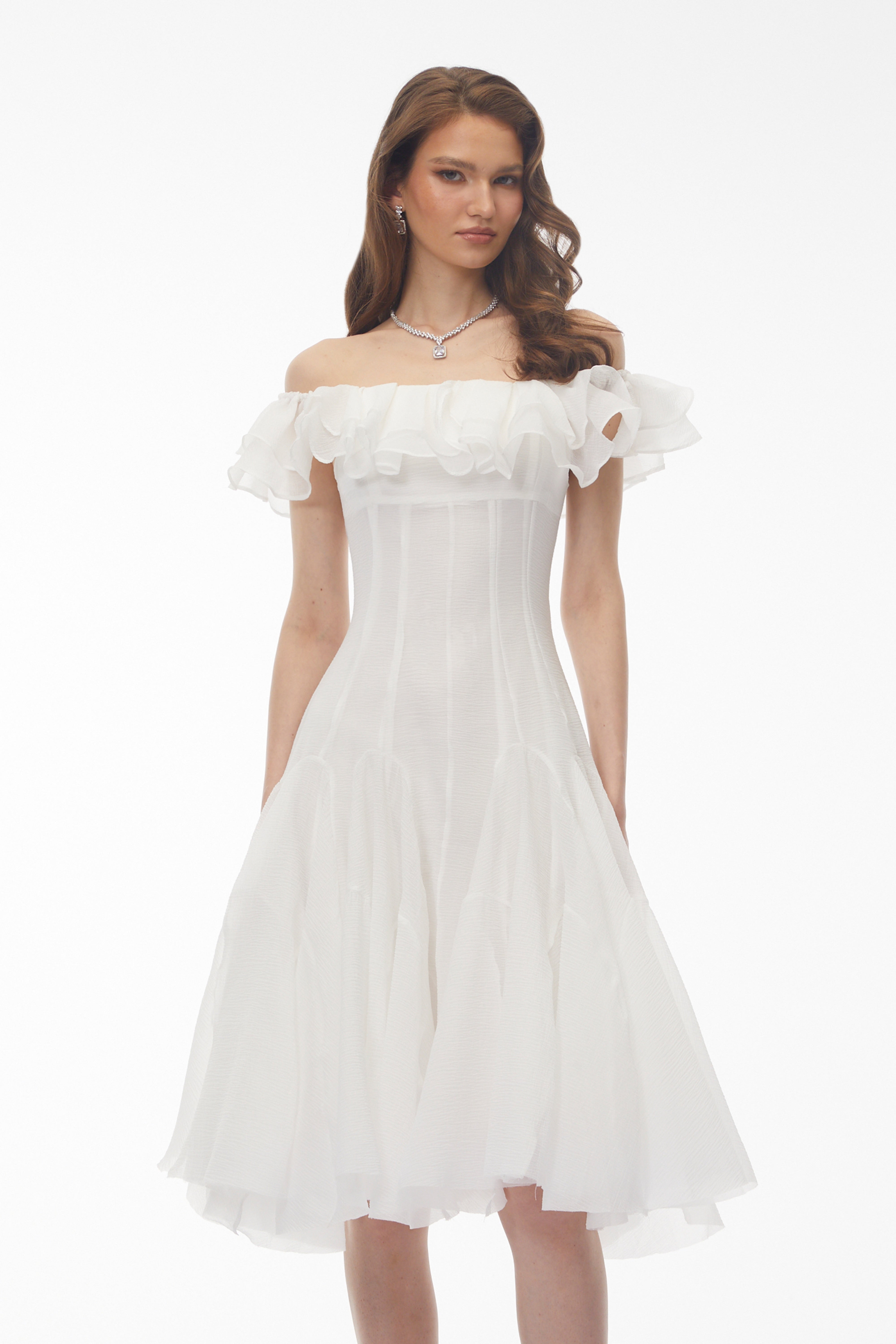 Muriel White Off Shoulder Ruched Midi Dress (Final Sale-US Only)