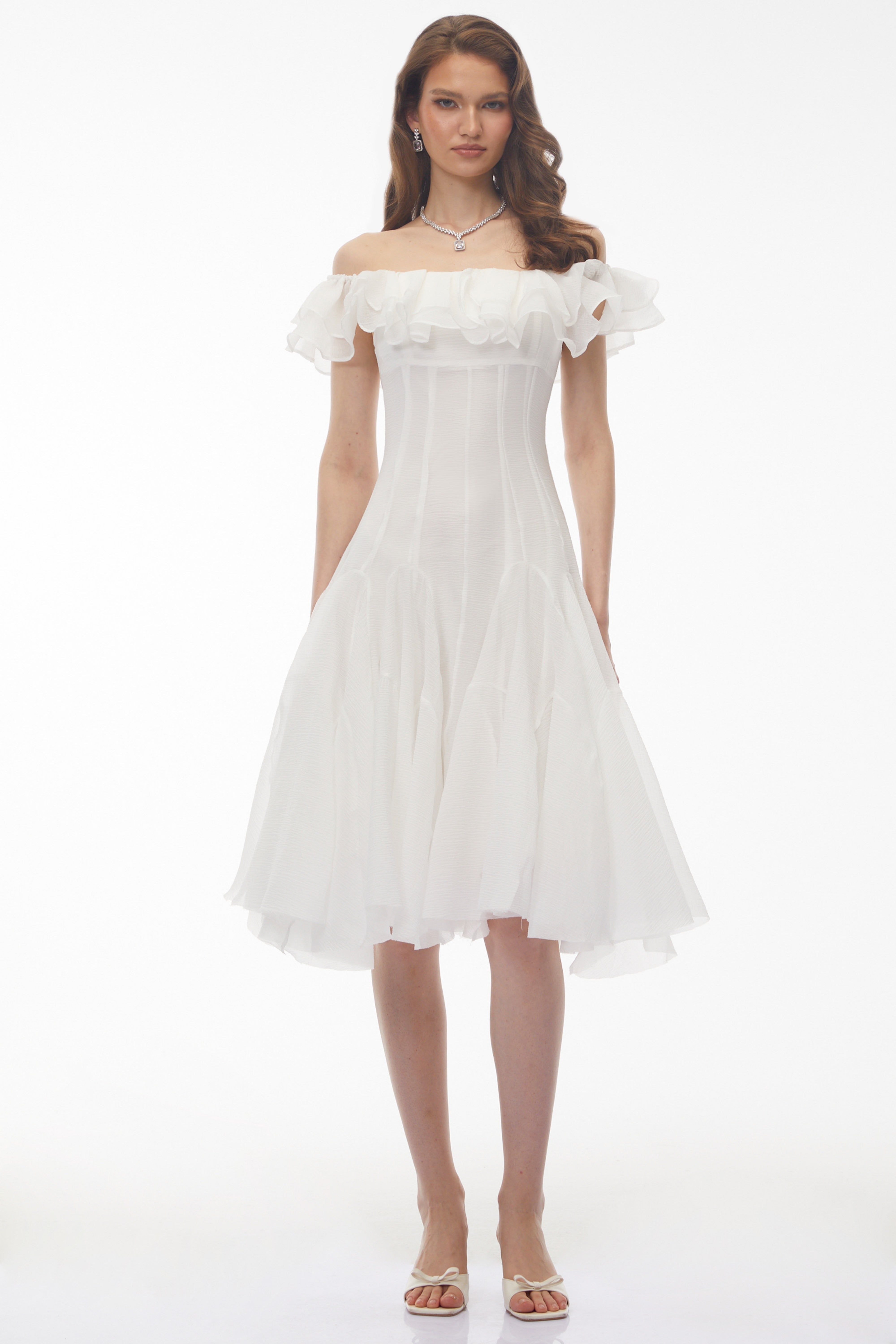 Muriel White Off Shoulder Ruched Midi Dress (Final Sale-US Only)