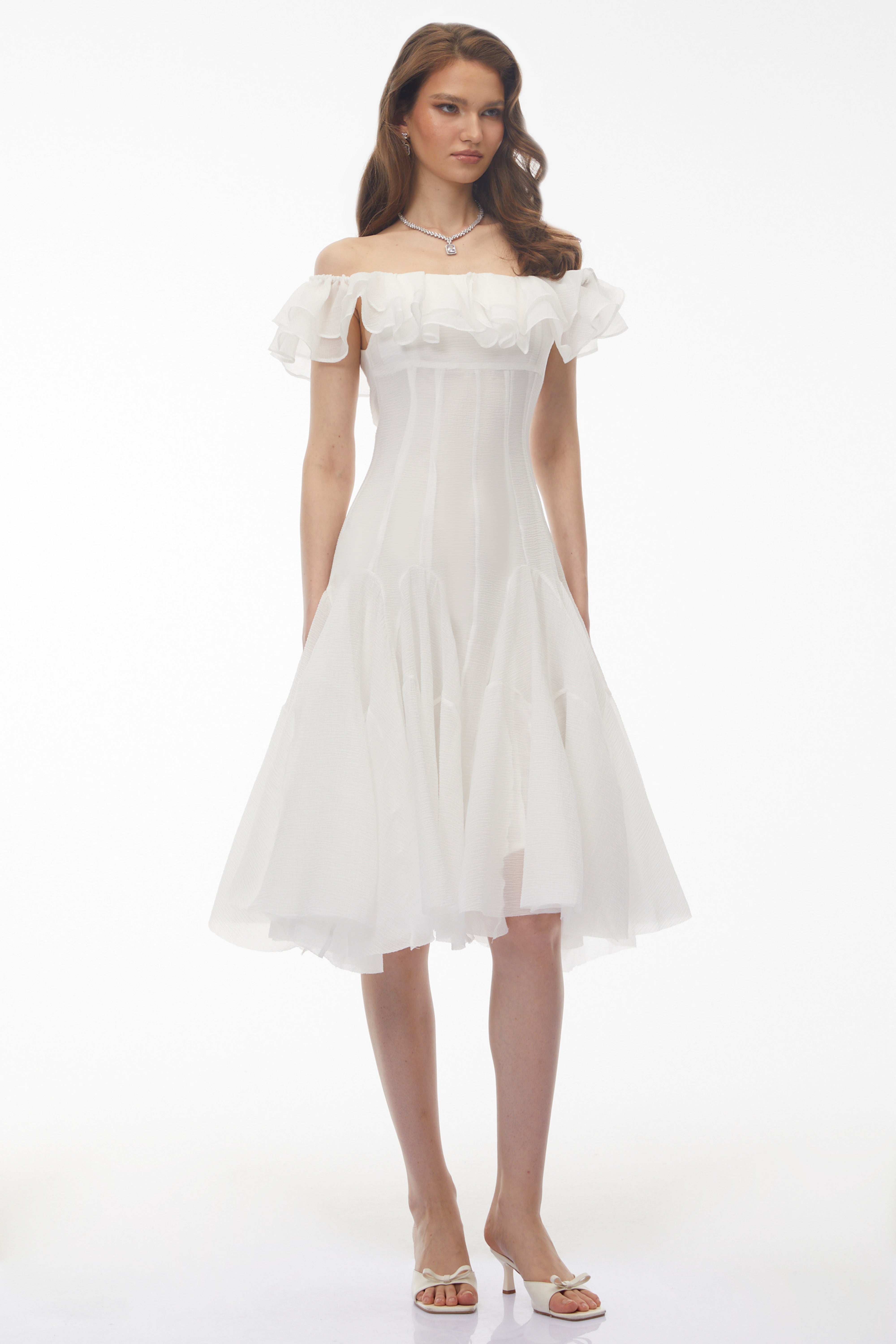 Muriel White Off Shoulder Ruched Midi Dress (Final Sale-US Only)