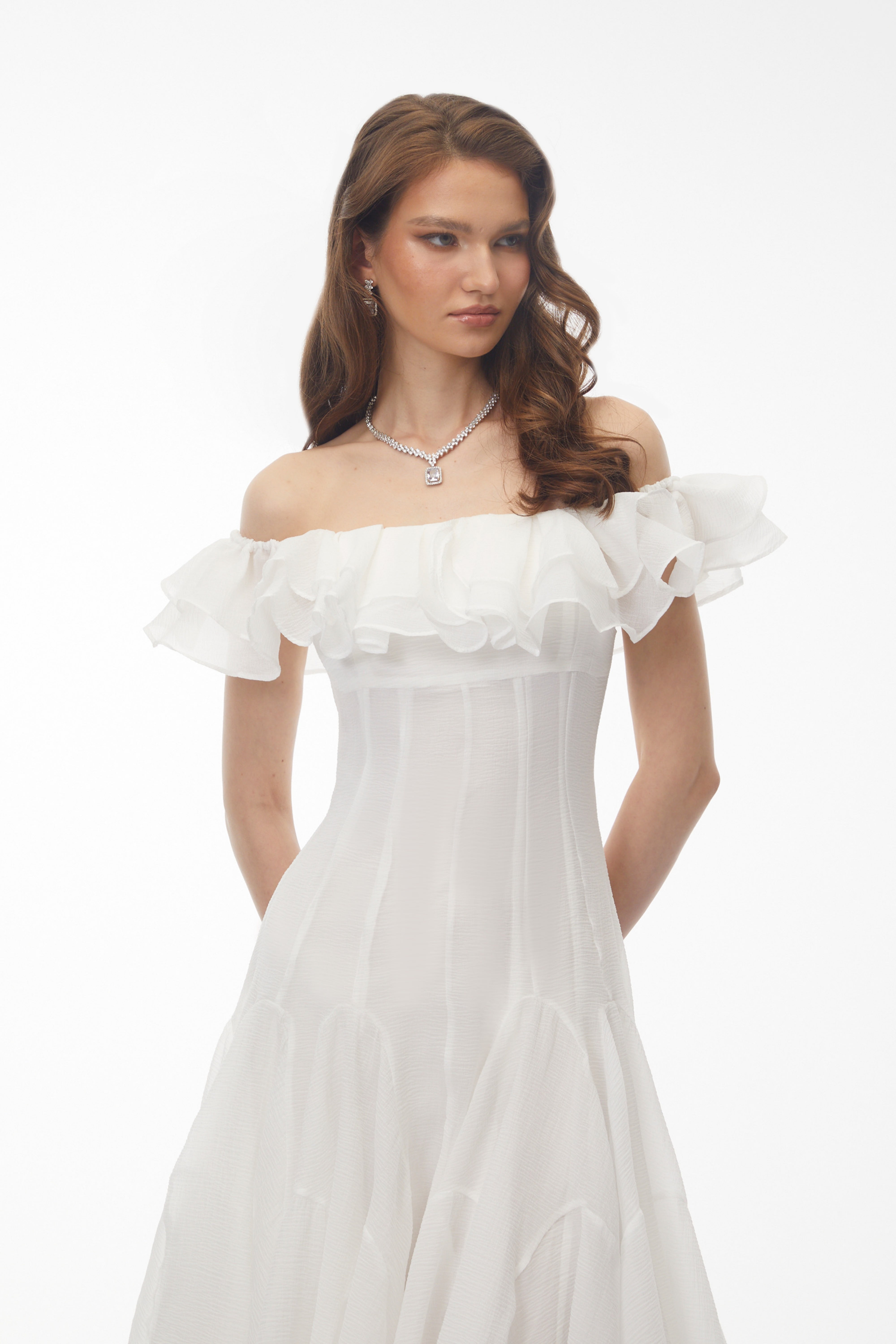 Muriel White Off Shoulder Ruched Midi Dress (Final Sale-US Only)