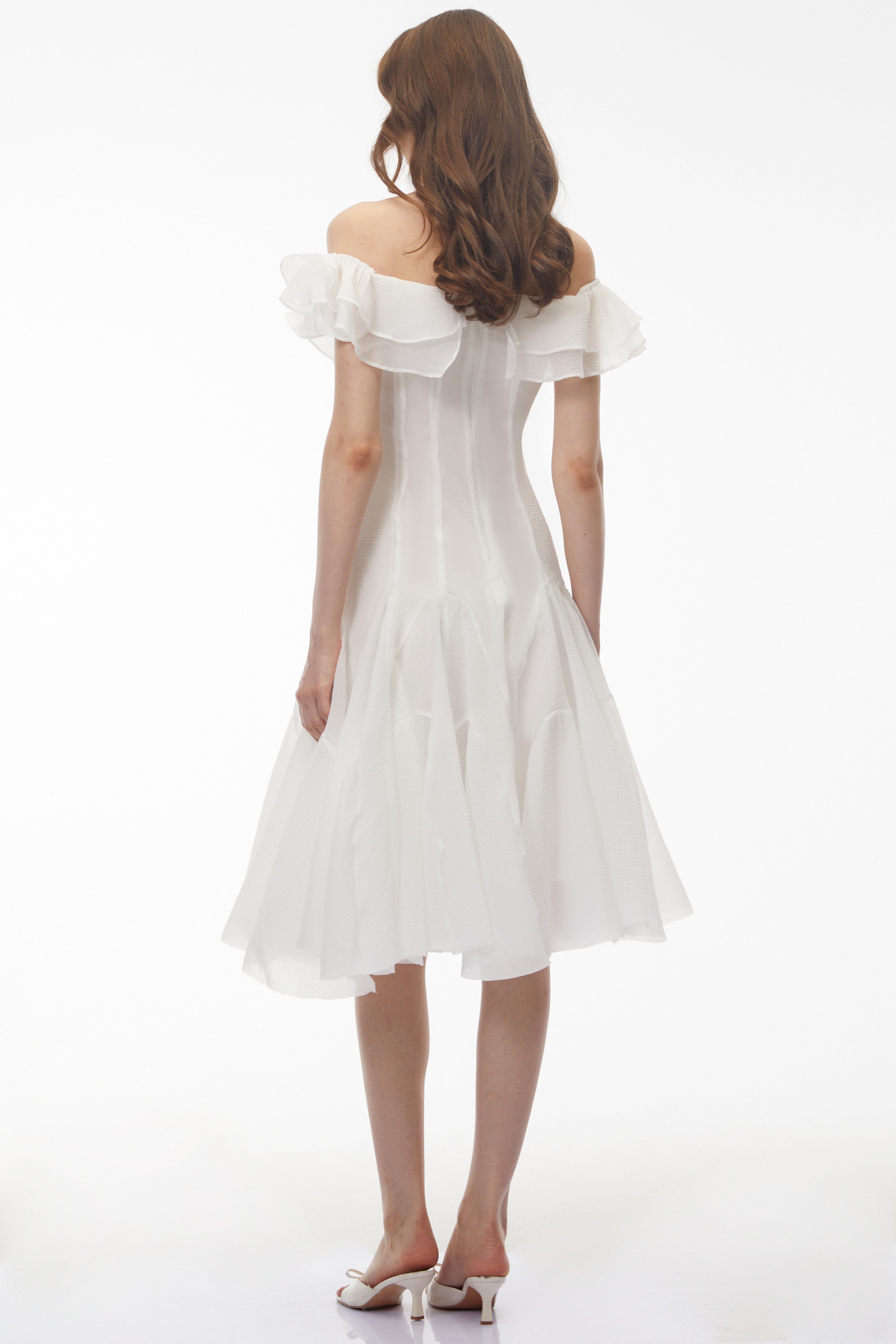 Muriel White Off Shoulder Ruched Midi Dress (Final Sale-US Only)