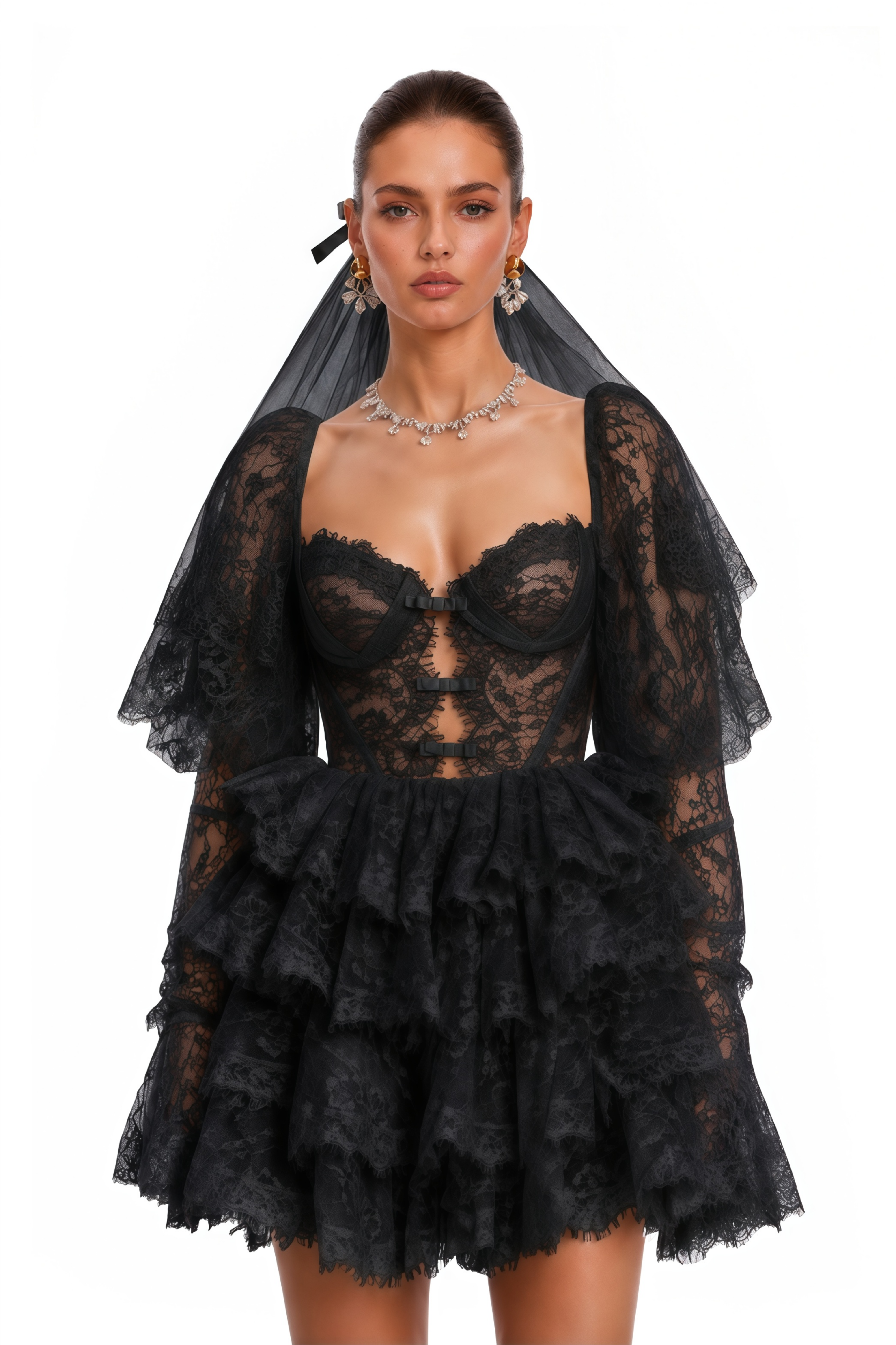 Nadine Black Semi-Sheer Mini Dress with Lace Trim