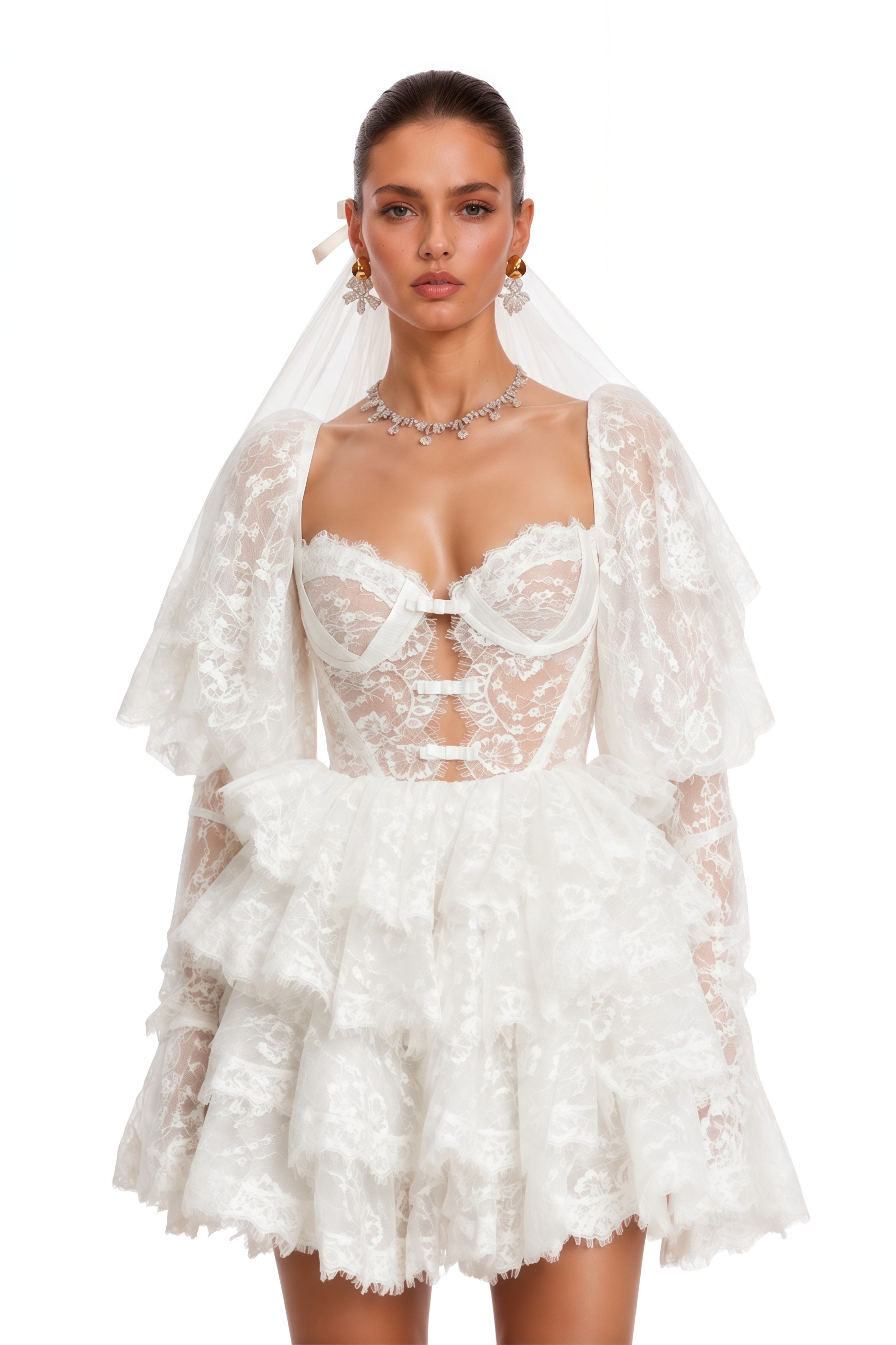 Nadine White Semi-Sheer Mini Dress with Lace Trim