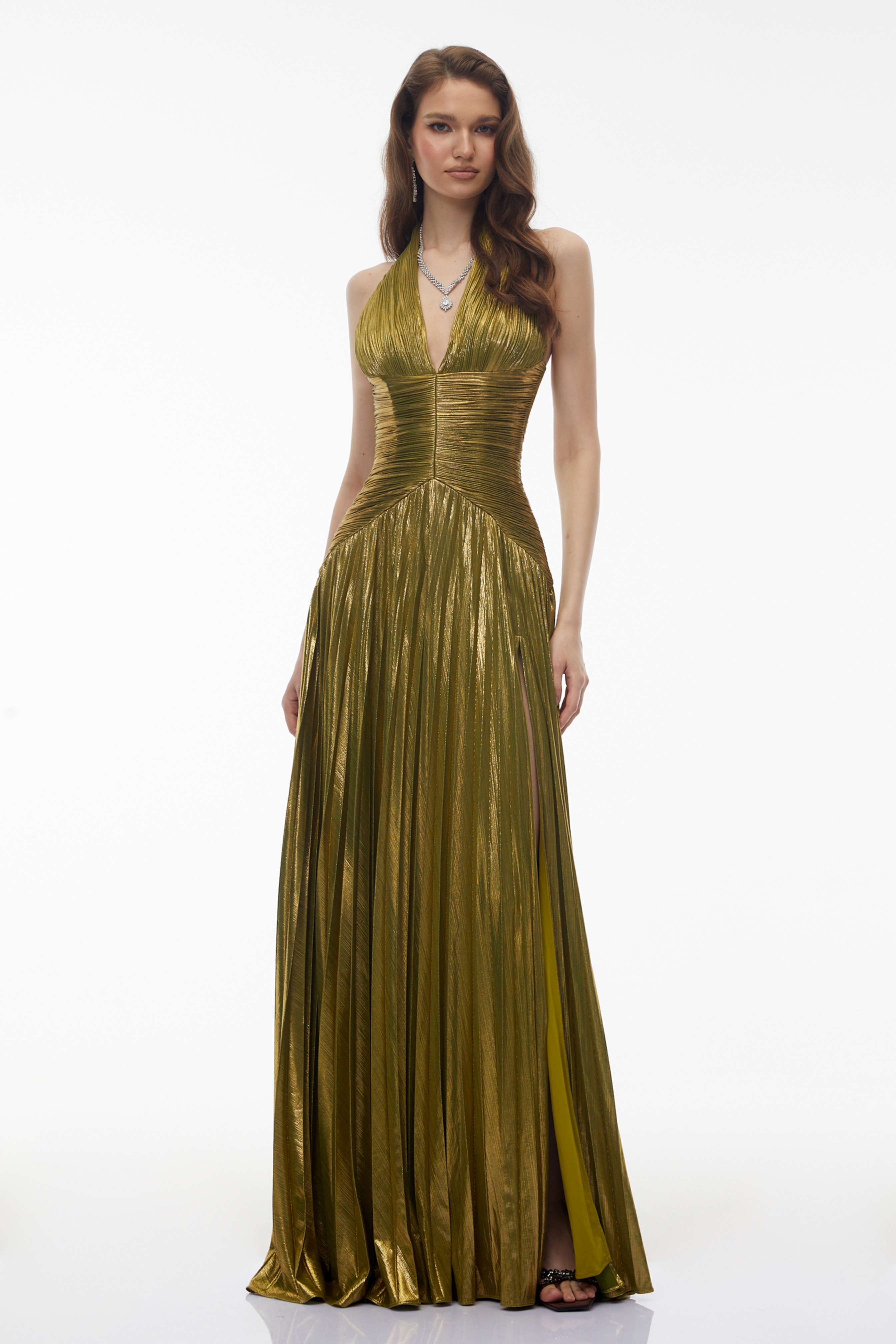 Green Halterneck Ruched Maxi Dress