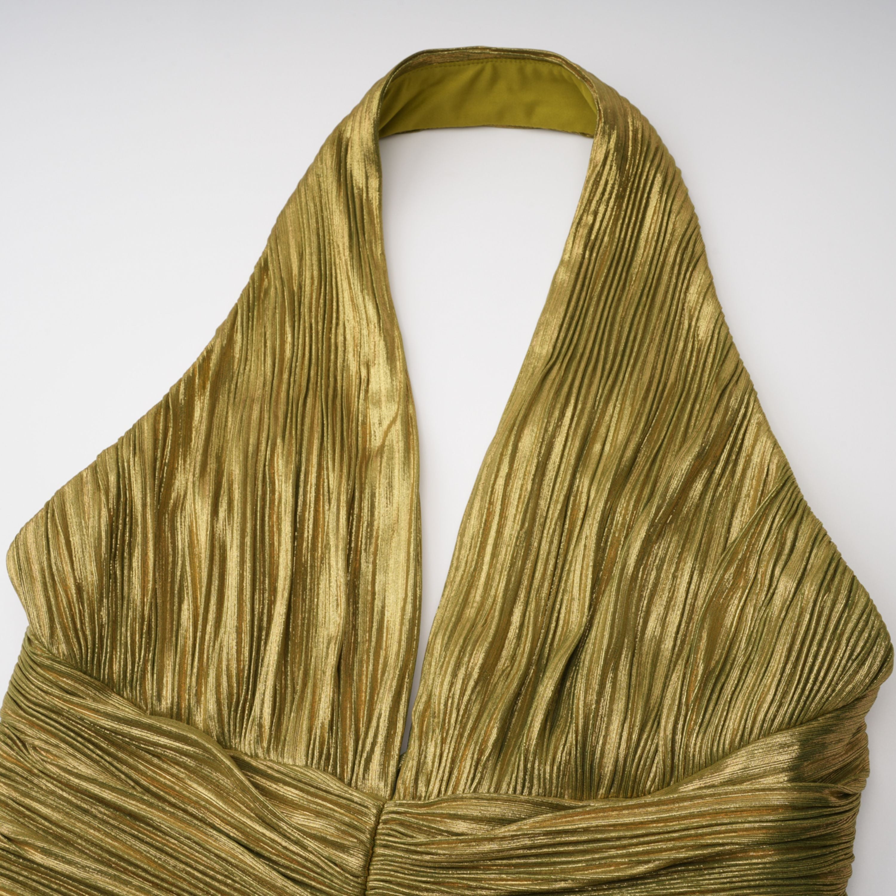 Nadya Olive Green Halterneck Ruched Maxi Dress (Final Sale-US Only)