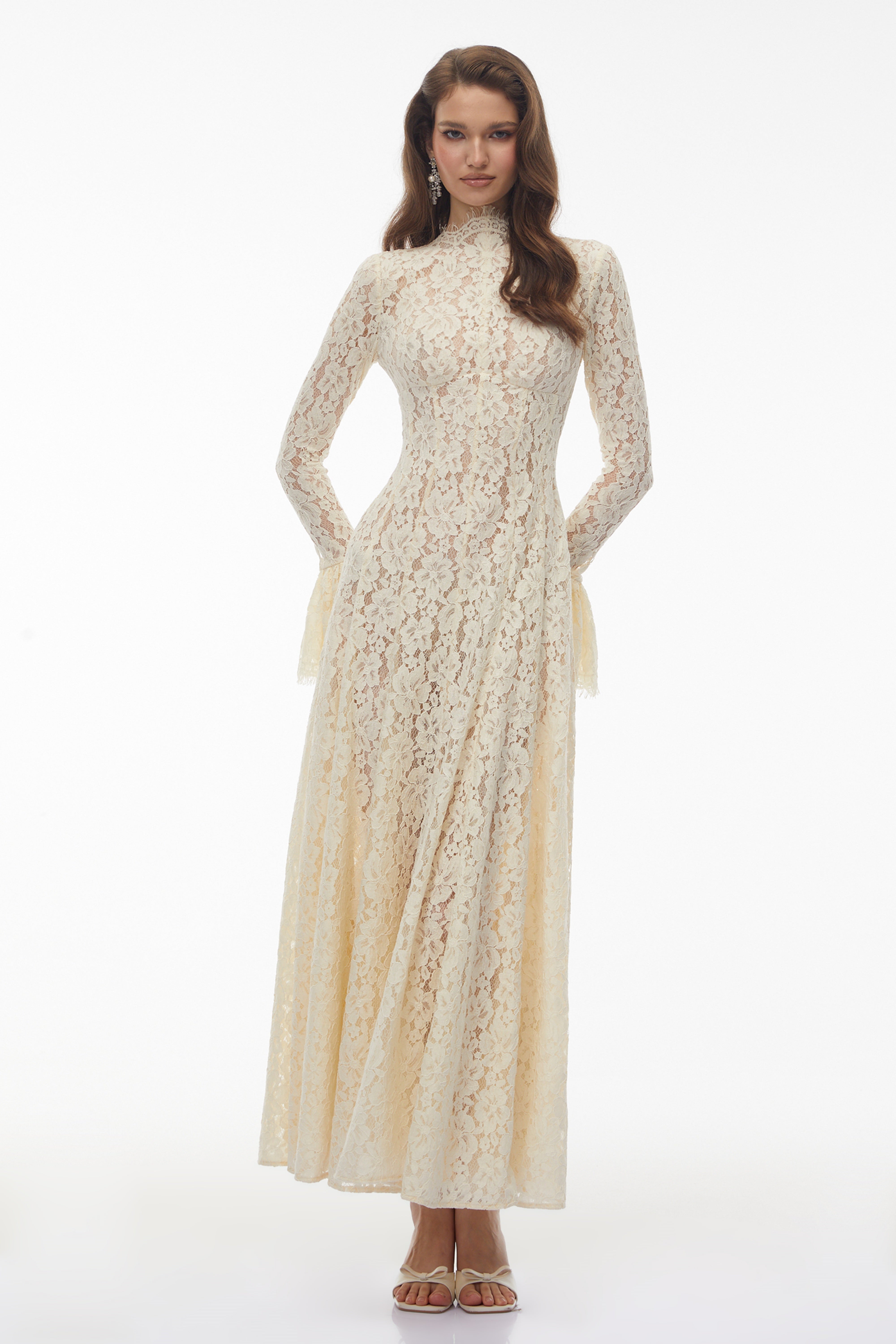 White Mock Neck Floral Lace Maxi Dress