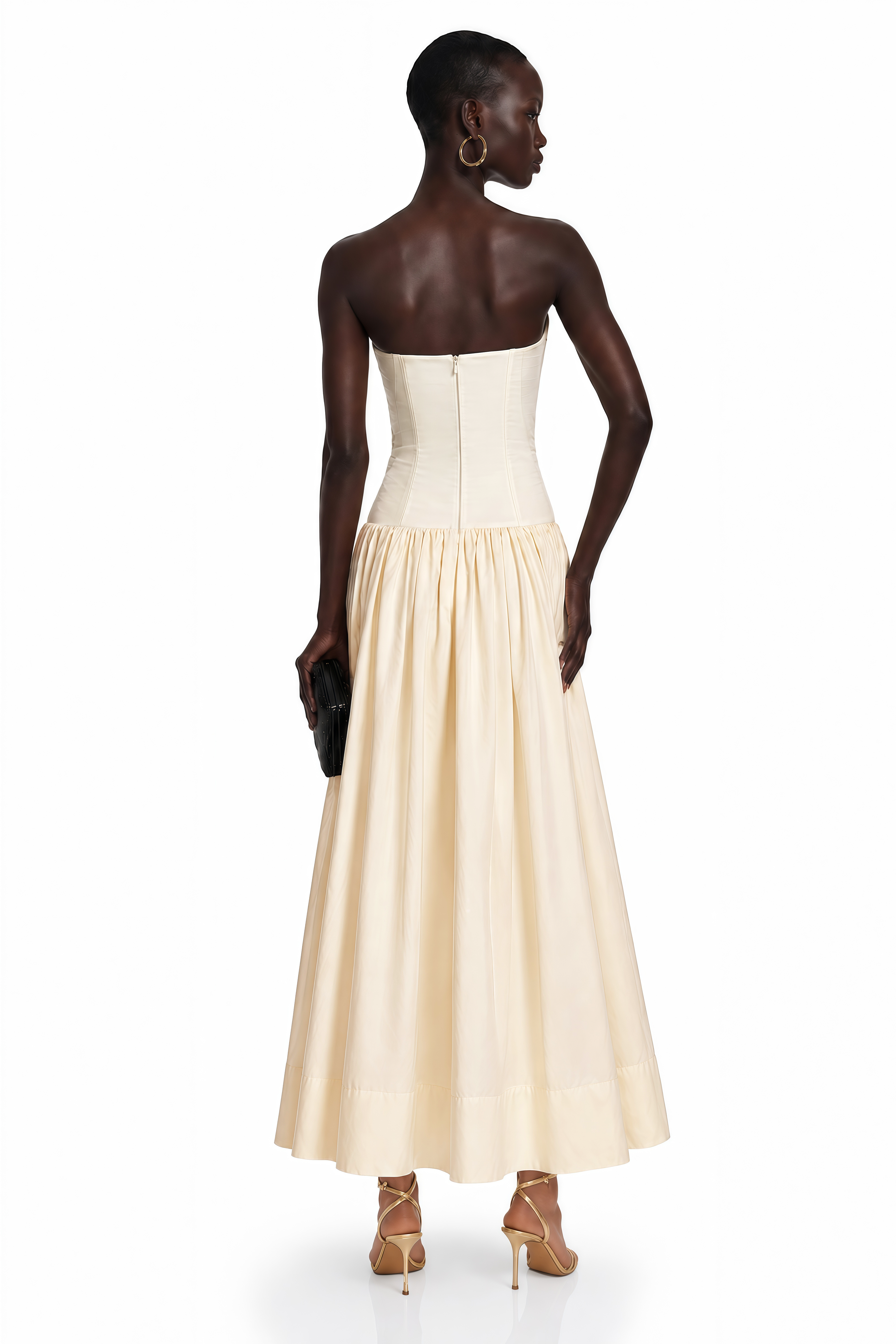 Cream strapless midi dress with a sweetheart corset bodice and a gathered satin skirt