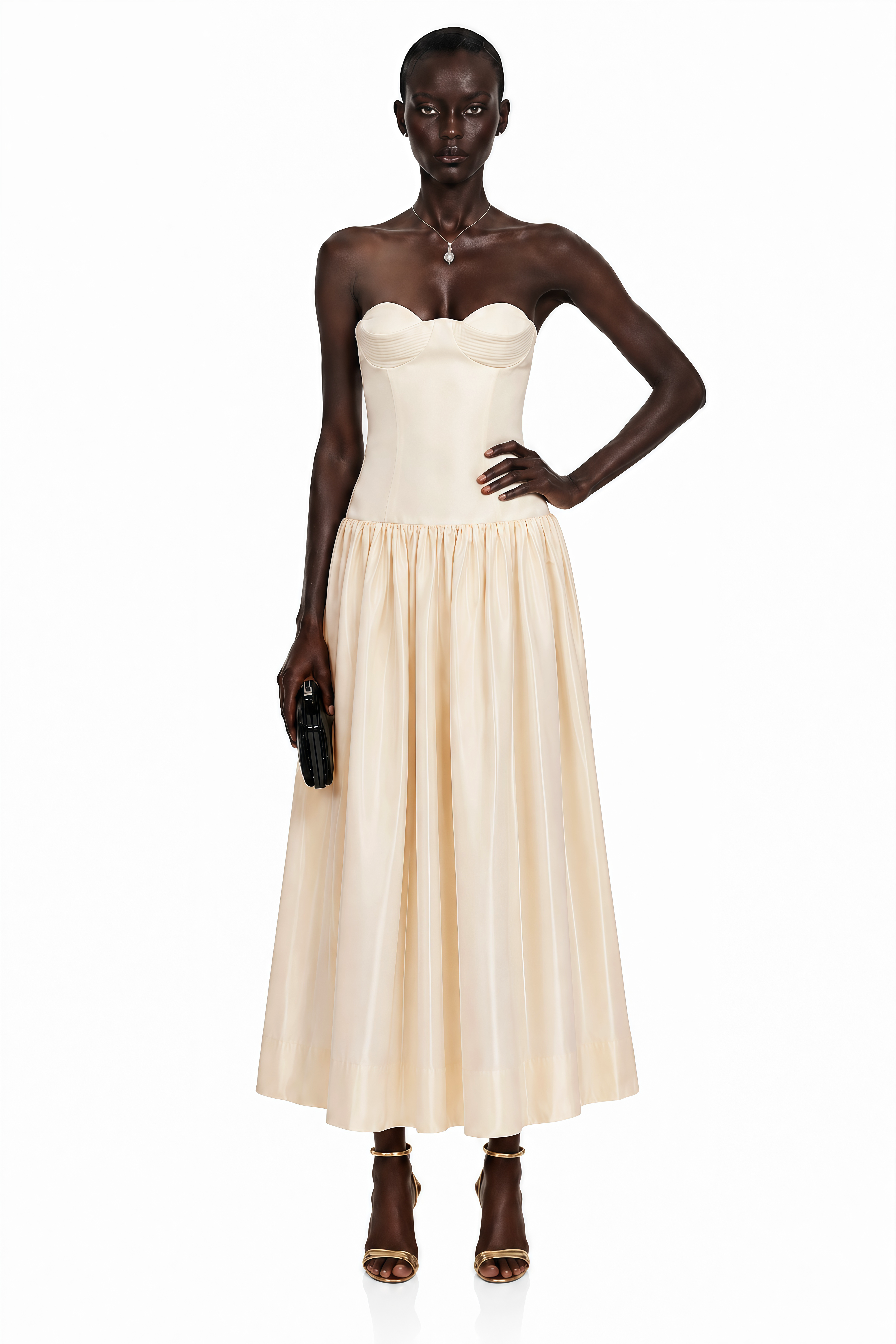 Cream strapless midi dress with a sweetheart corset bodice and a gathered satin skirt