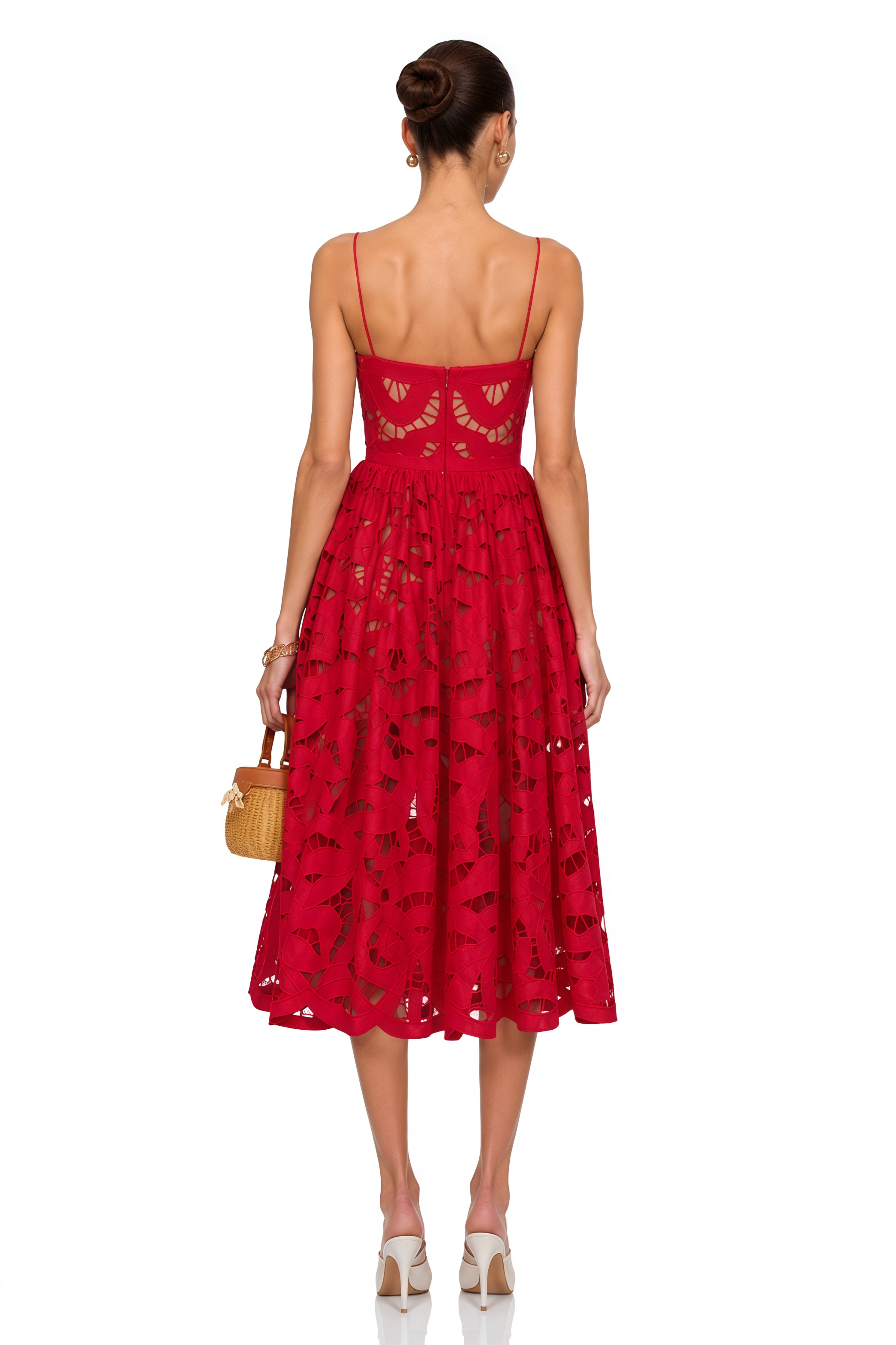Nerea Red Cut-Out Lace Spaghetti Strap Midi Dress