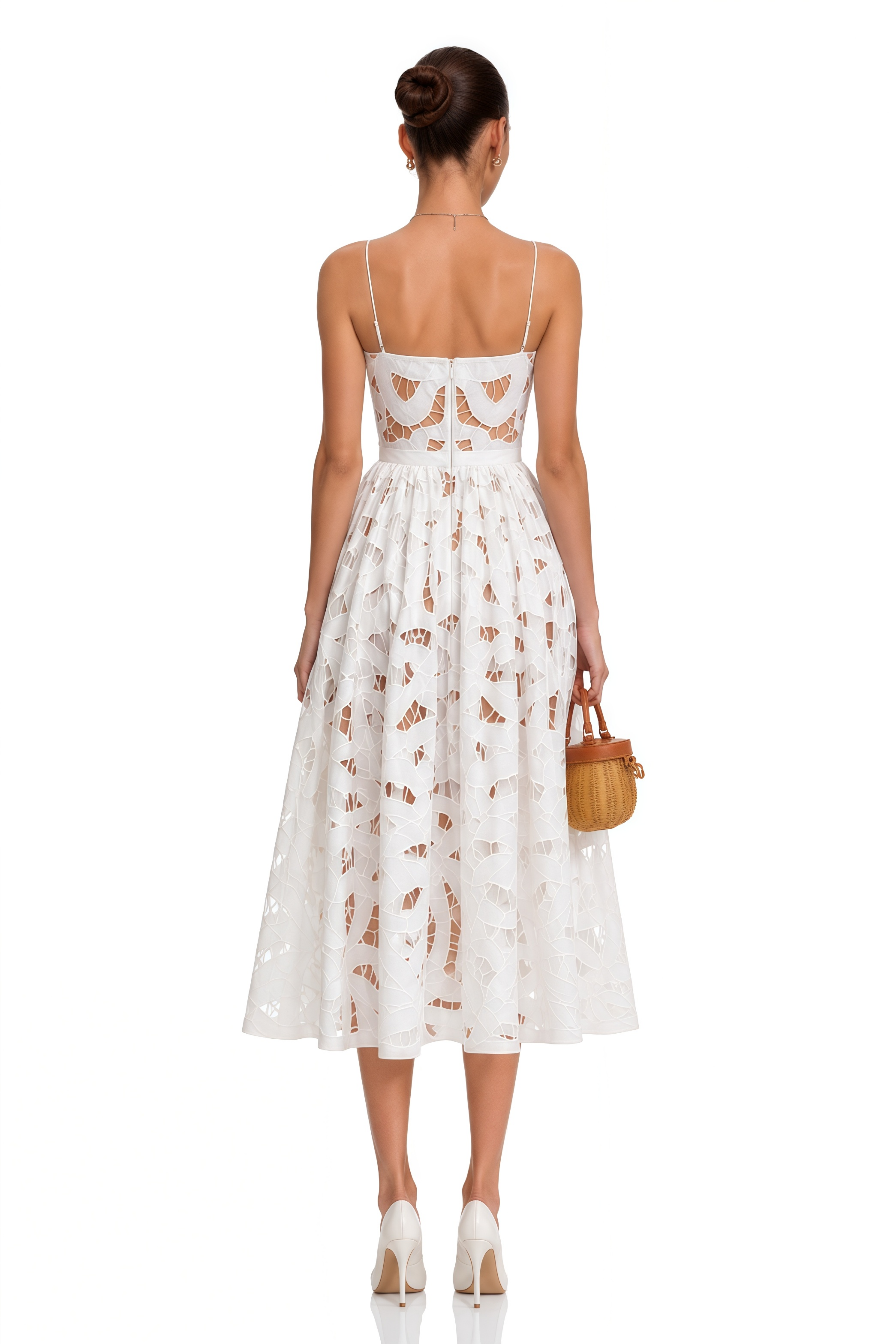 Nerea White Cut-Out Lace Spaghetti Strap Midi Dress