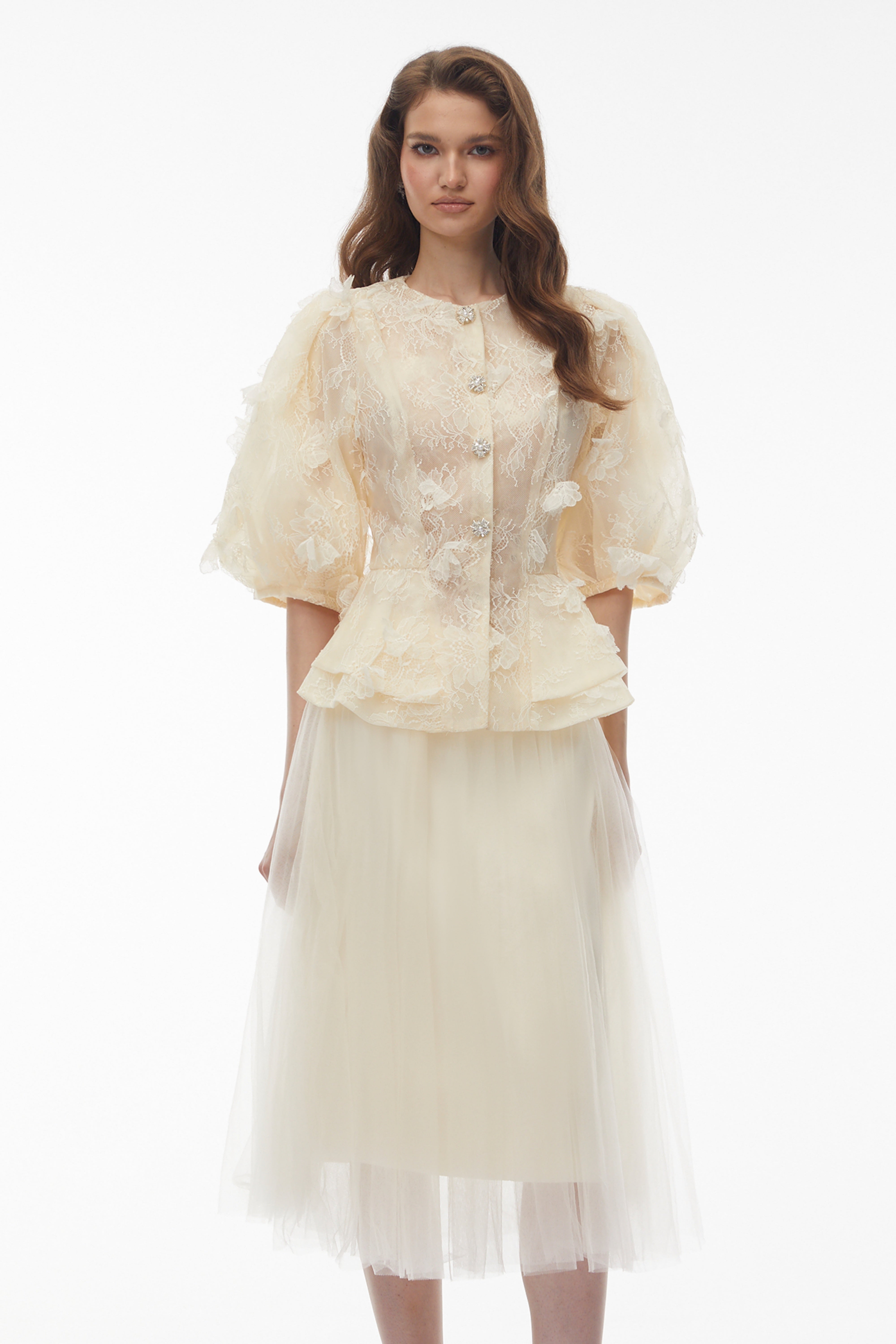 Neta Neutral Lace Blouse with 3D Petals (Final Sale-US Only)