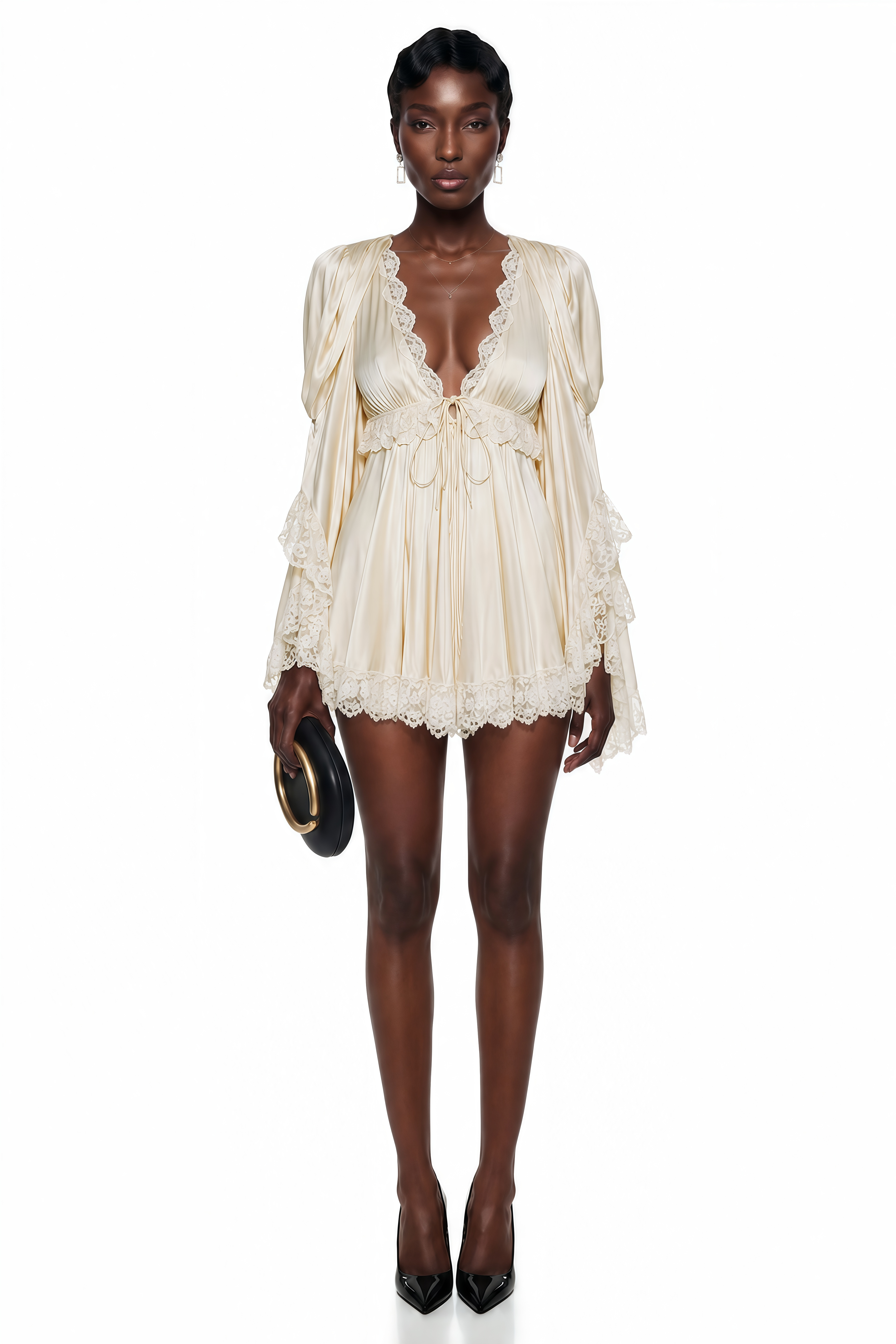 Cream satin v-neck mini dress with tiered lace-trimmed bell sleeves and a matching lace hem