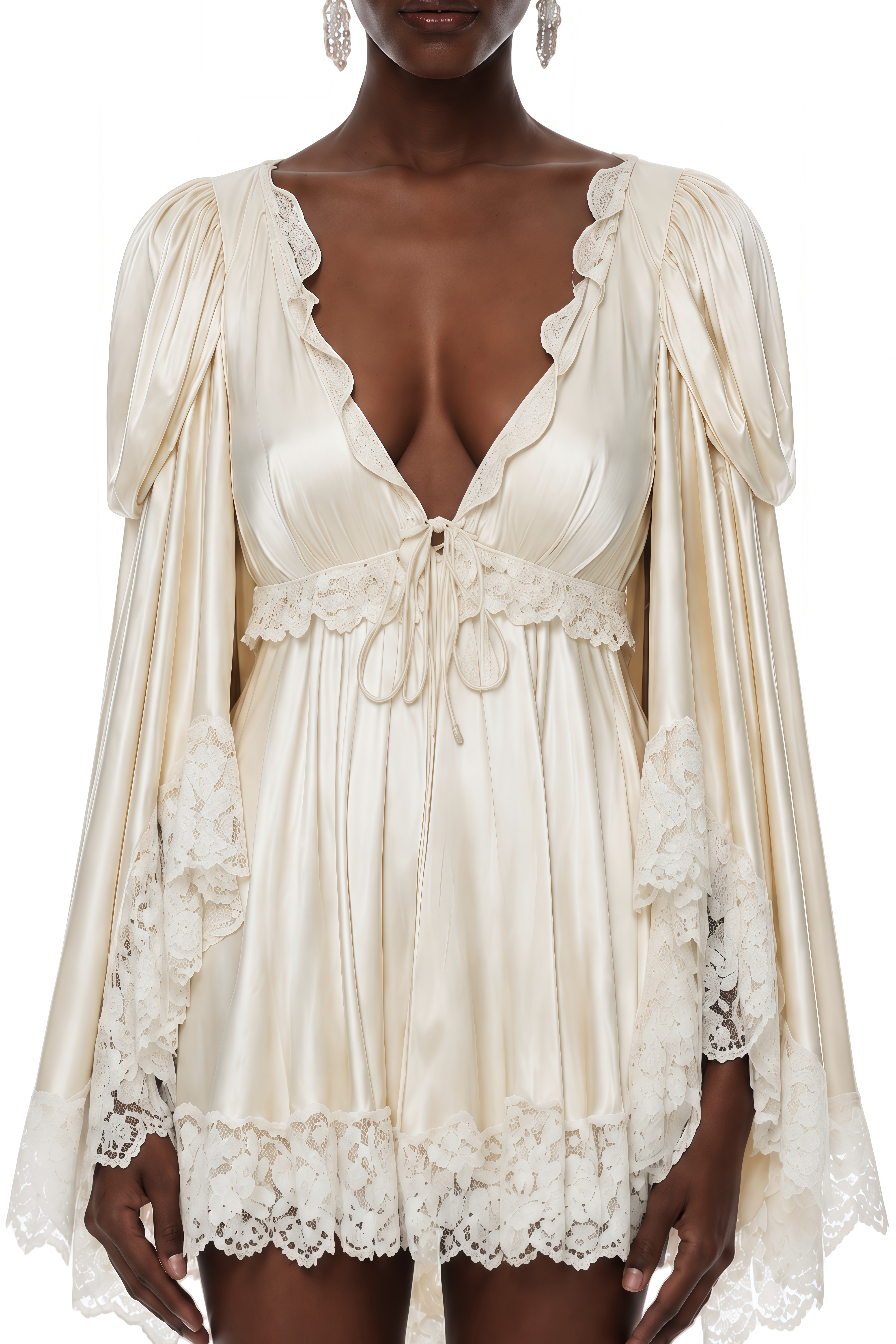 Cream satin v-neck mini dress with tiered lace-trimmed bell sleeves and a matching lace hem