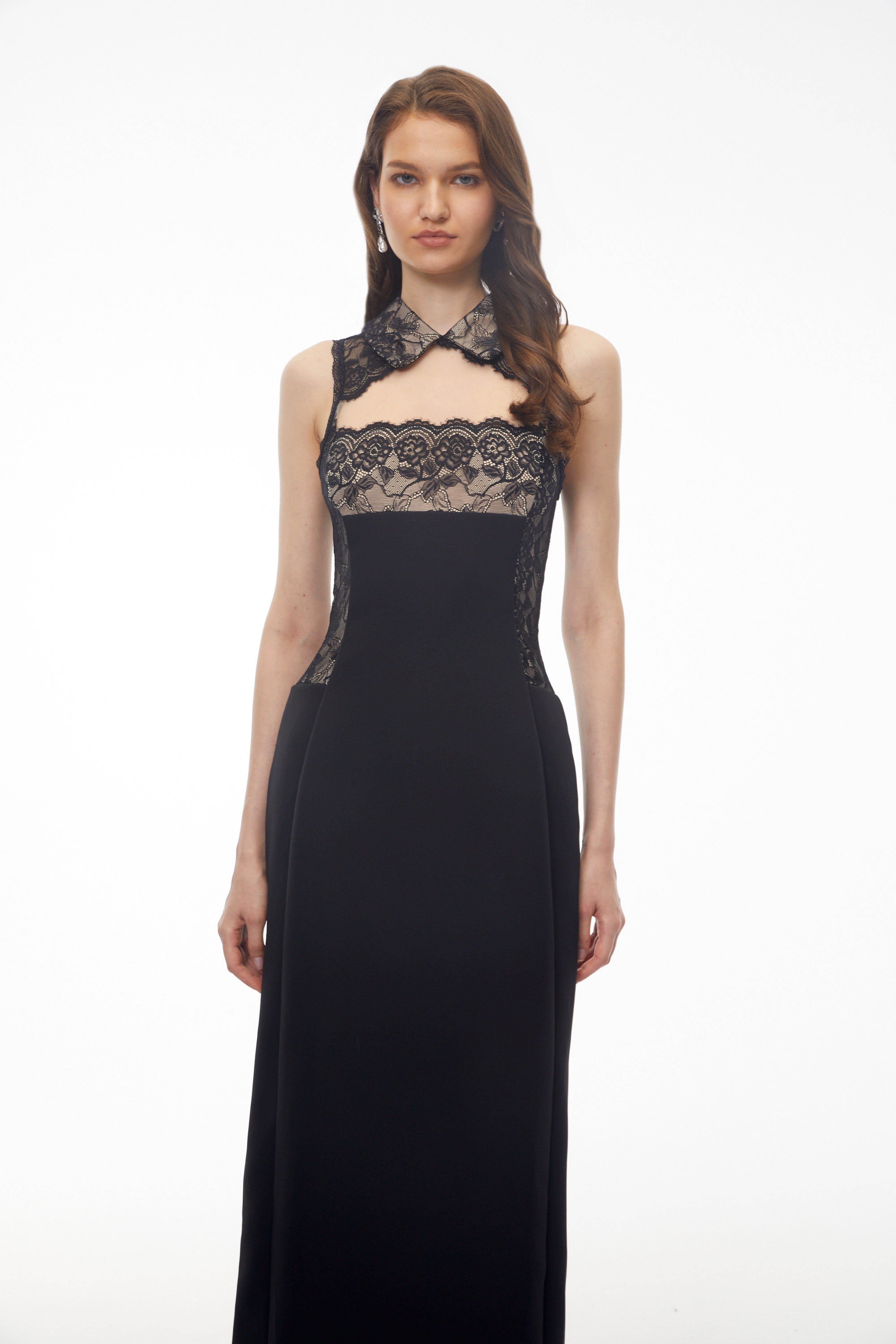 Black Maxi Dress with High Halter Neck and Sheer Lace Overlay on Bodice