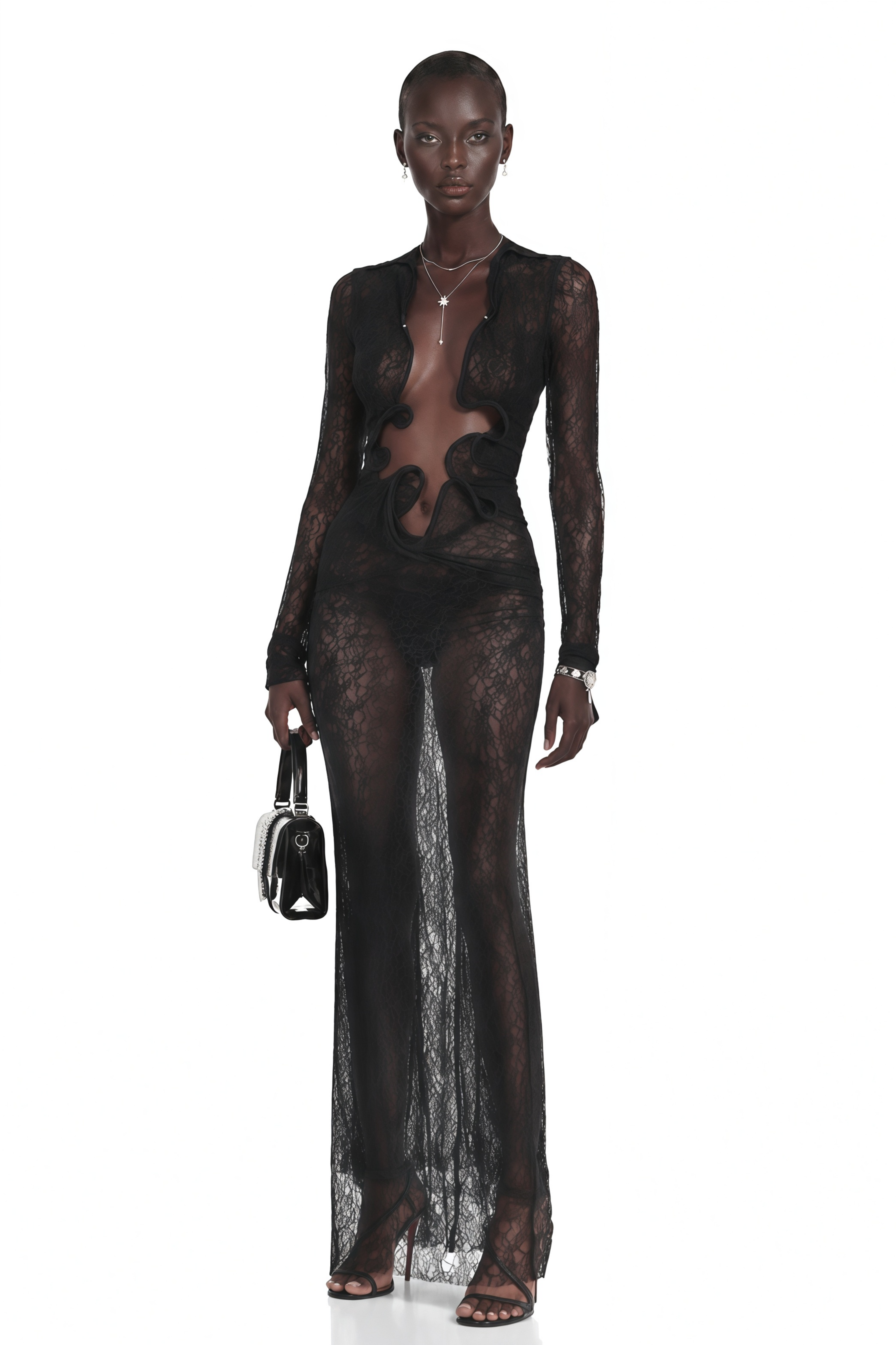 Noemie Black Lace Maxi Dress with Cut-Outs
