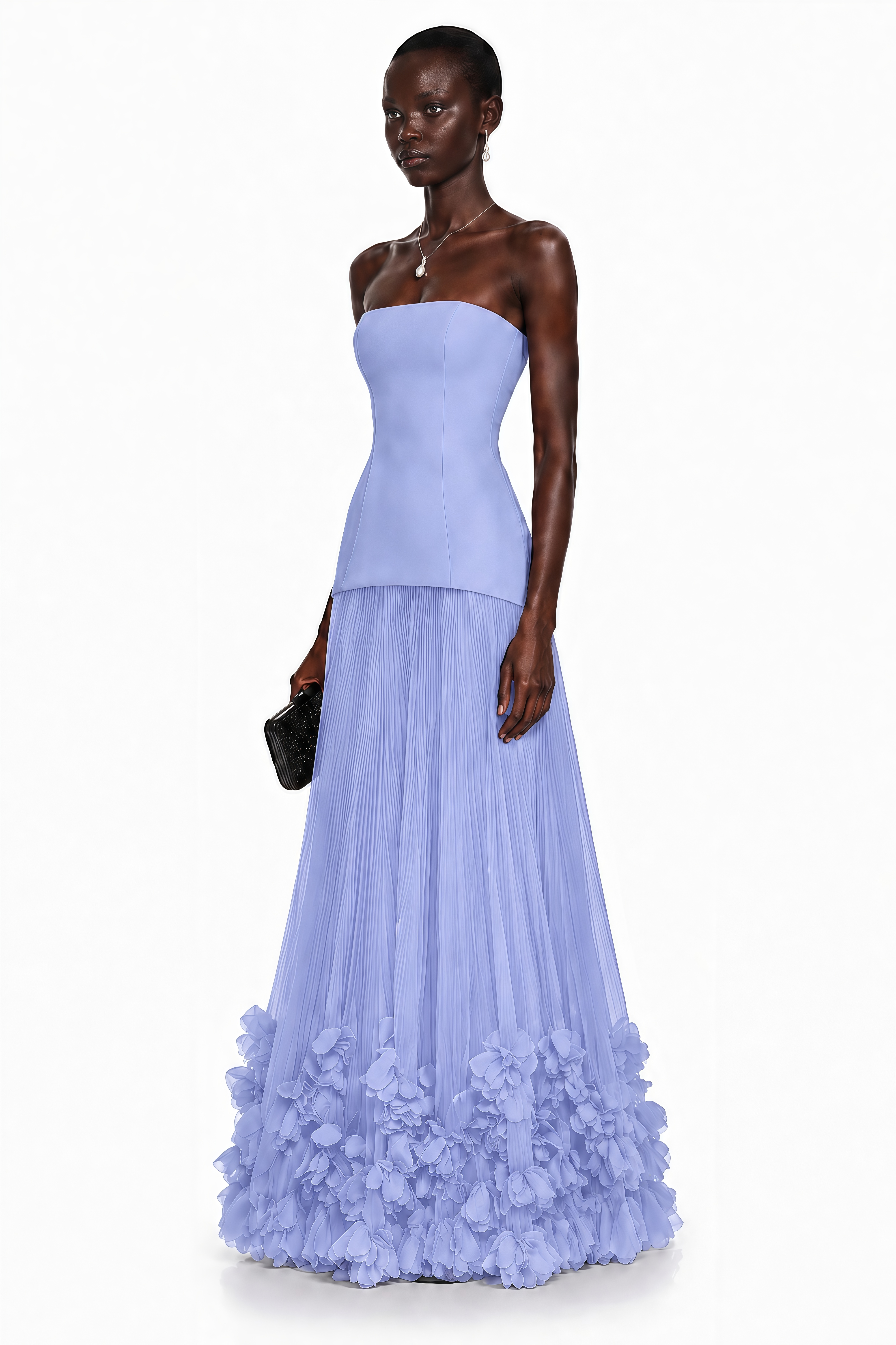 Periwinkle blue strapless gown with a pleated tulle skirt