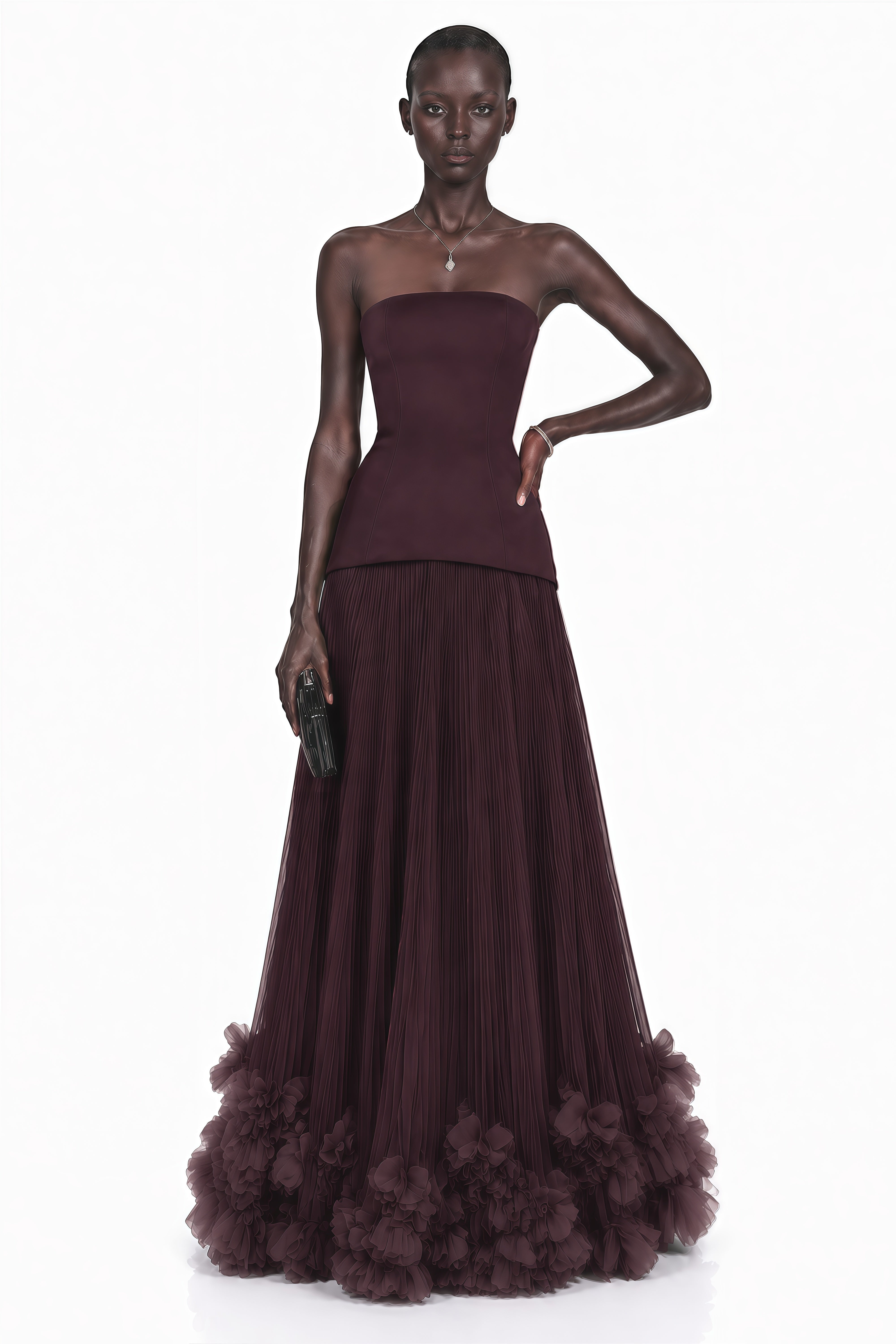Dark plum strapless gown with a pleated tulle skirt