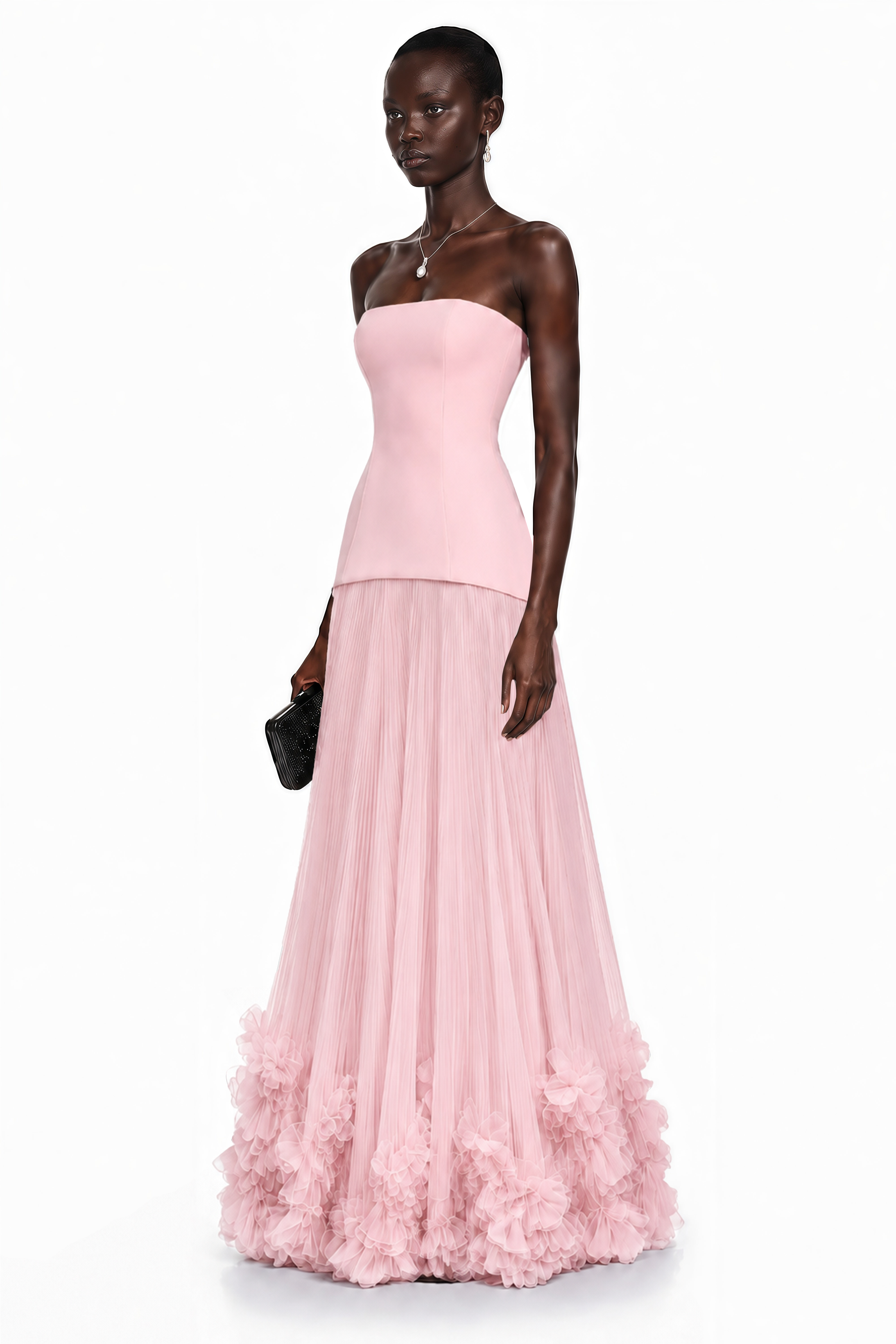 Océane Pink Off Shoulder Pleated Maxi Dress with 3D Florals