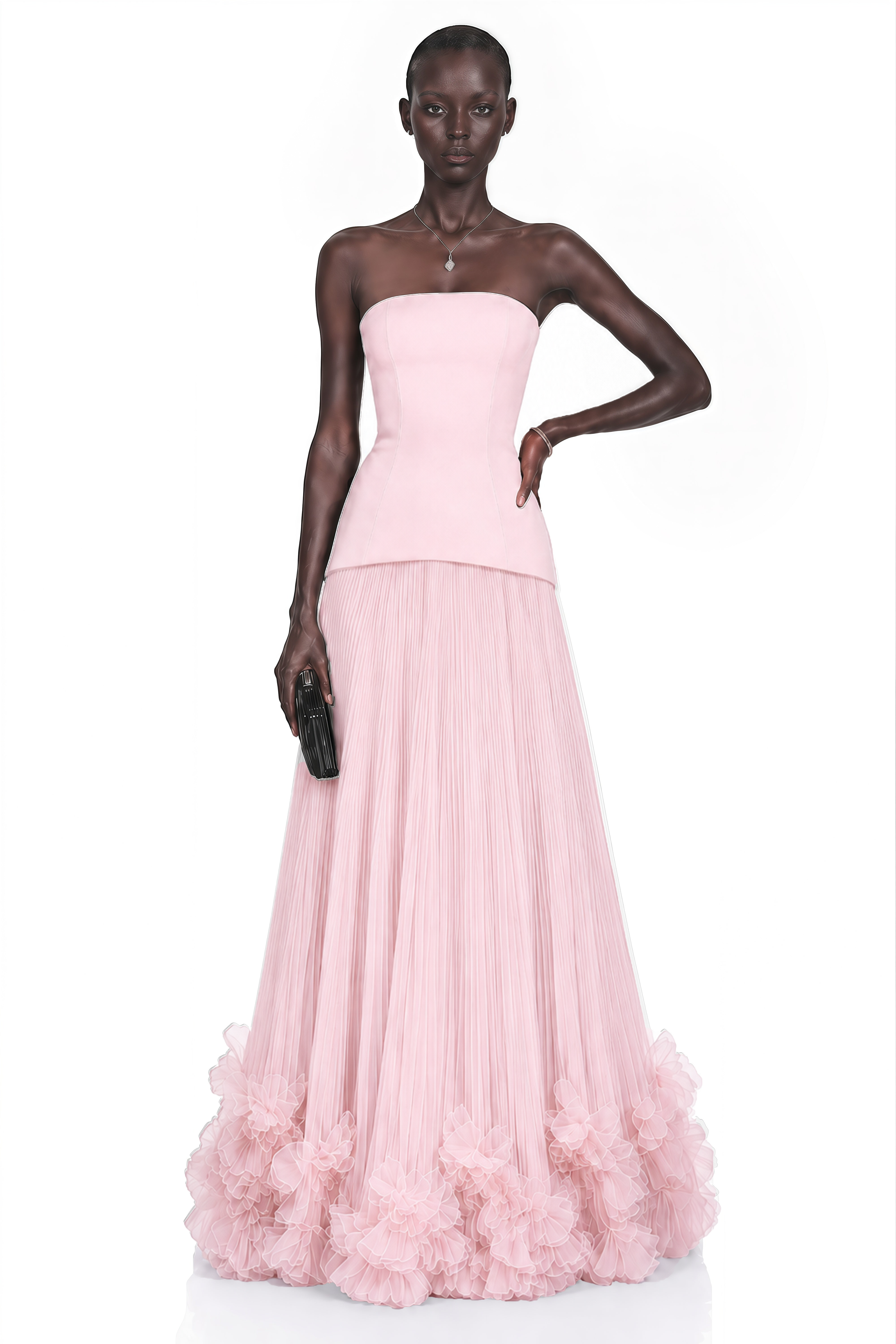 Océane Pink Off Shoulder Pleated Maxi Dress with 3D Florals