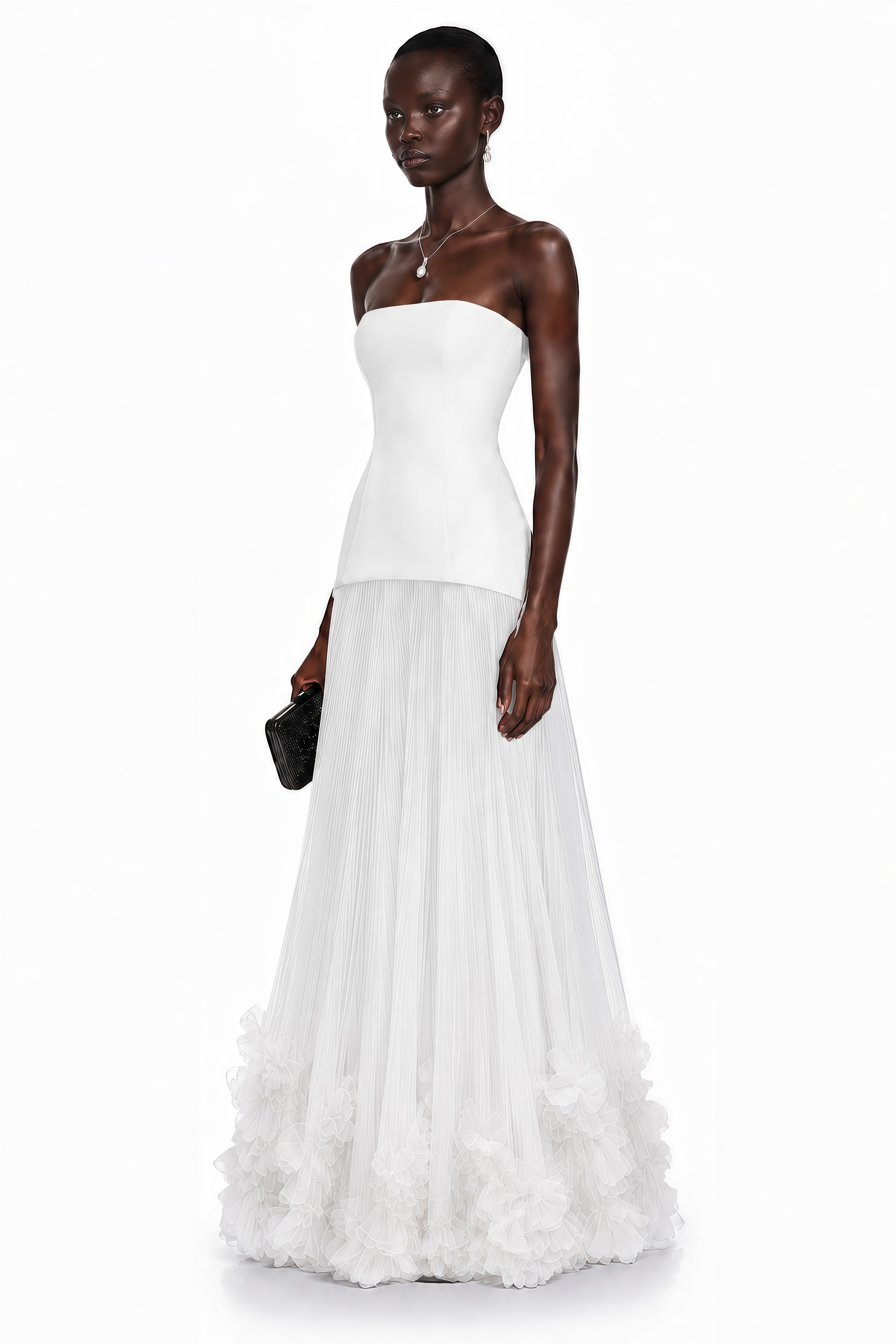 Océane White Off Shoulder Pleated Maxi Dress with 3D Florals