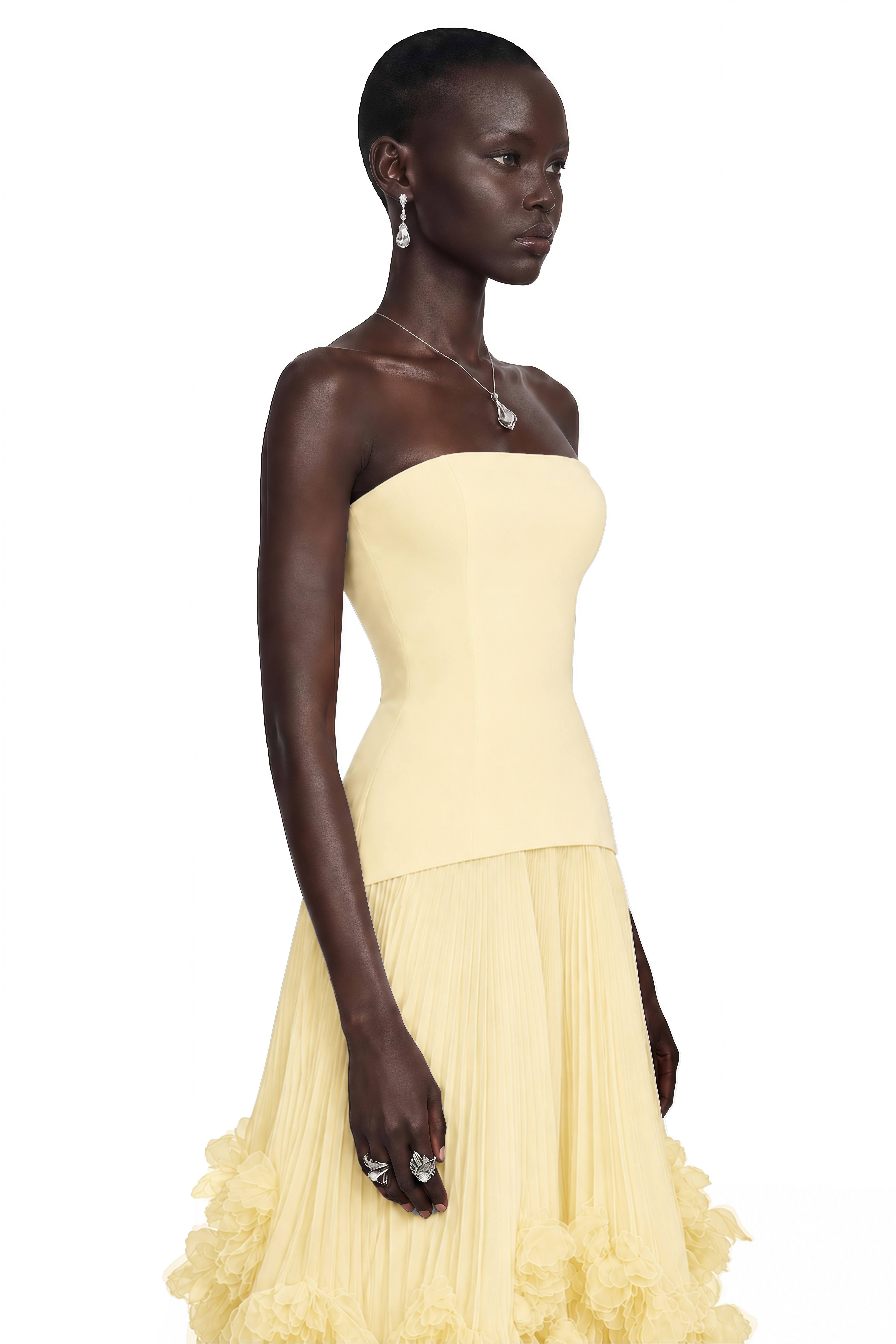 Océane Yellow Off Shoulder Pleated Maxi Dress with 3D Florals