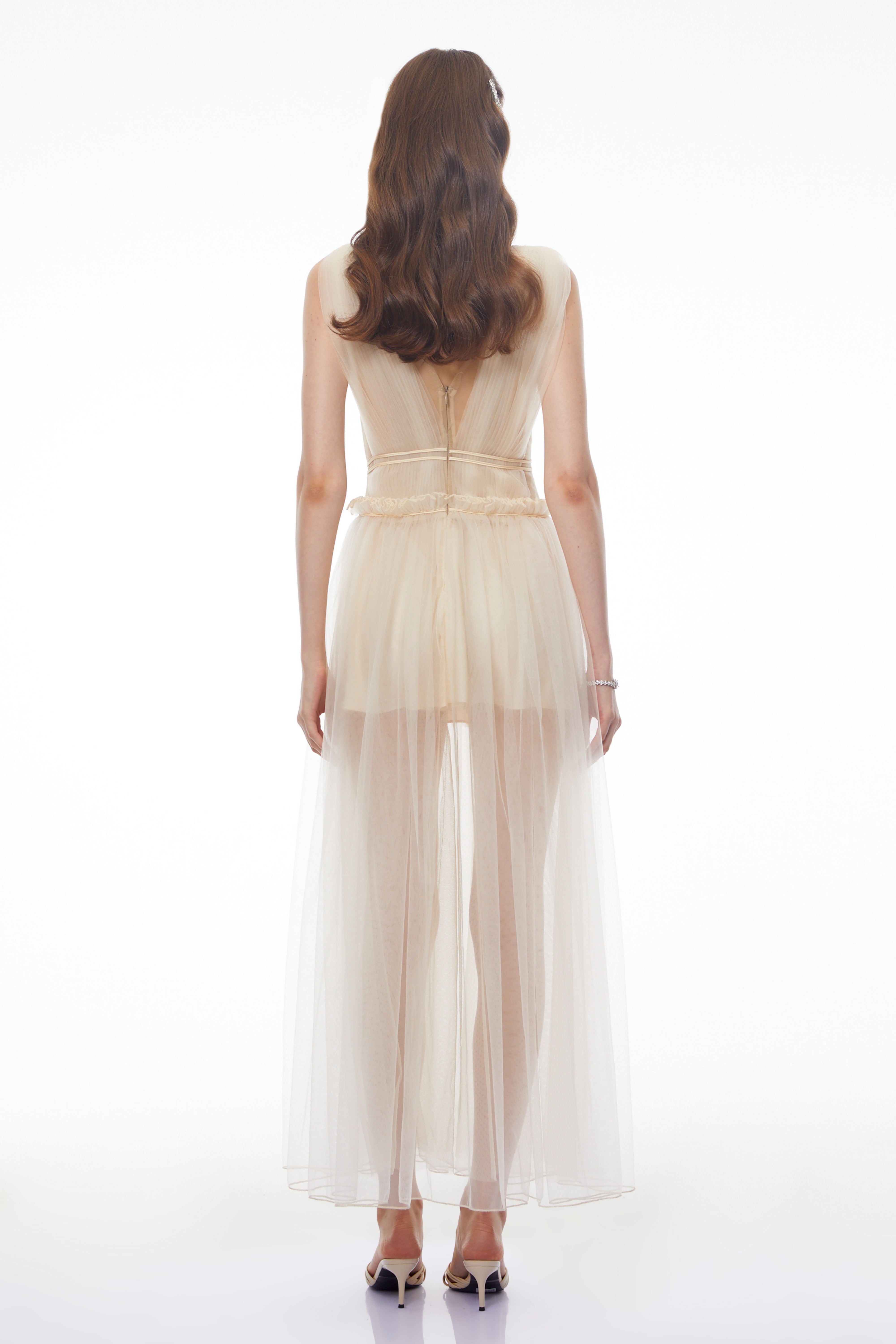 Octavia Beige V-neck Semi-sheer Ruched Maxi Dress