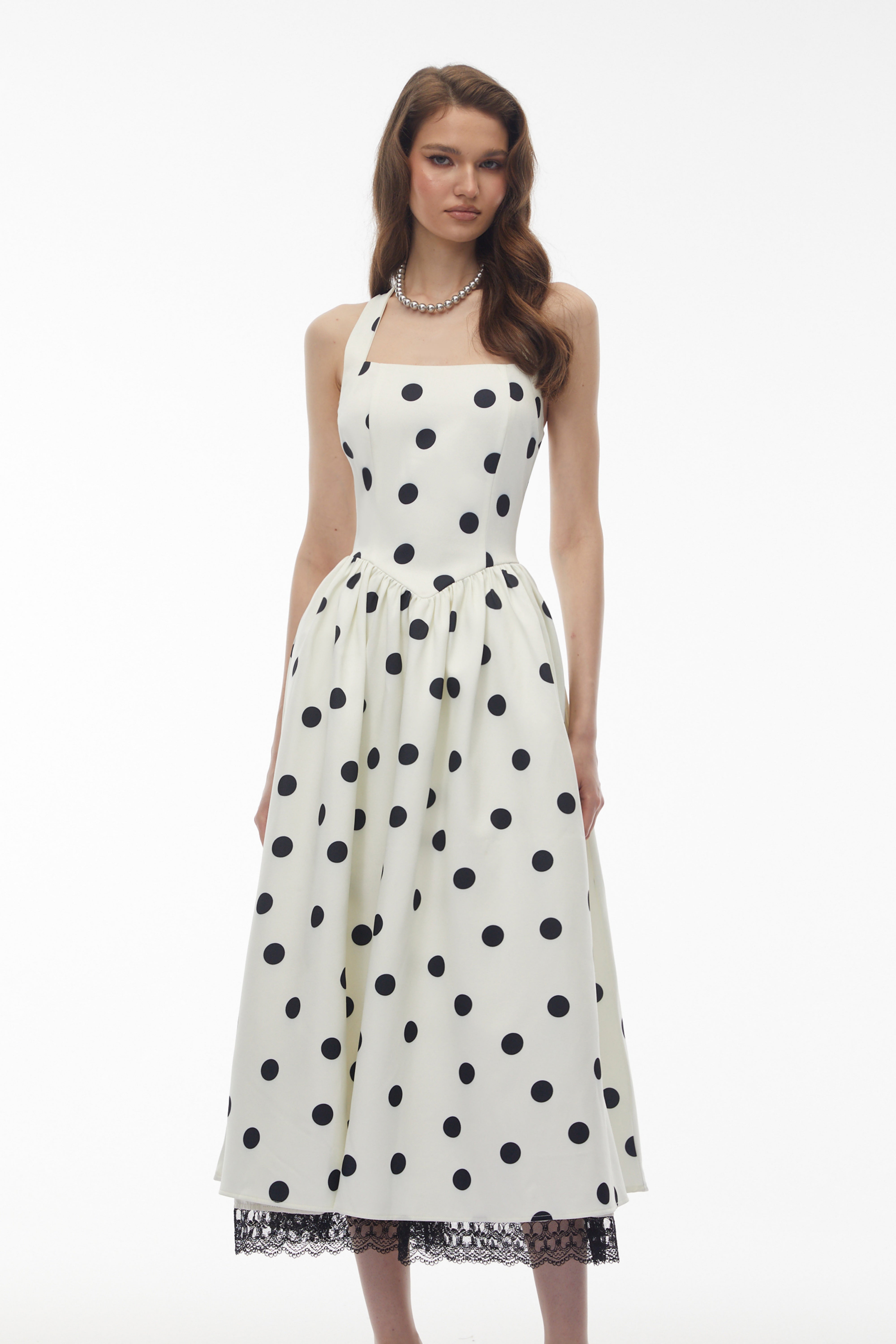 Robe midi à pois blancs Odelia avec bordure en dentelle (Vente définitive - États-Unis uniquement)