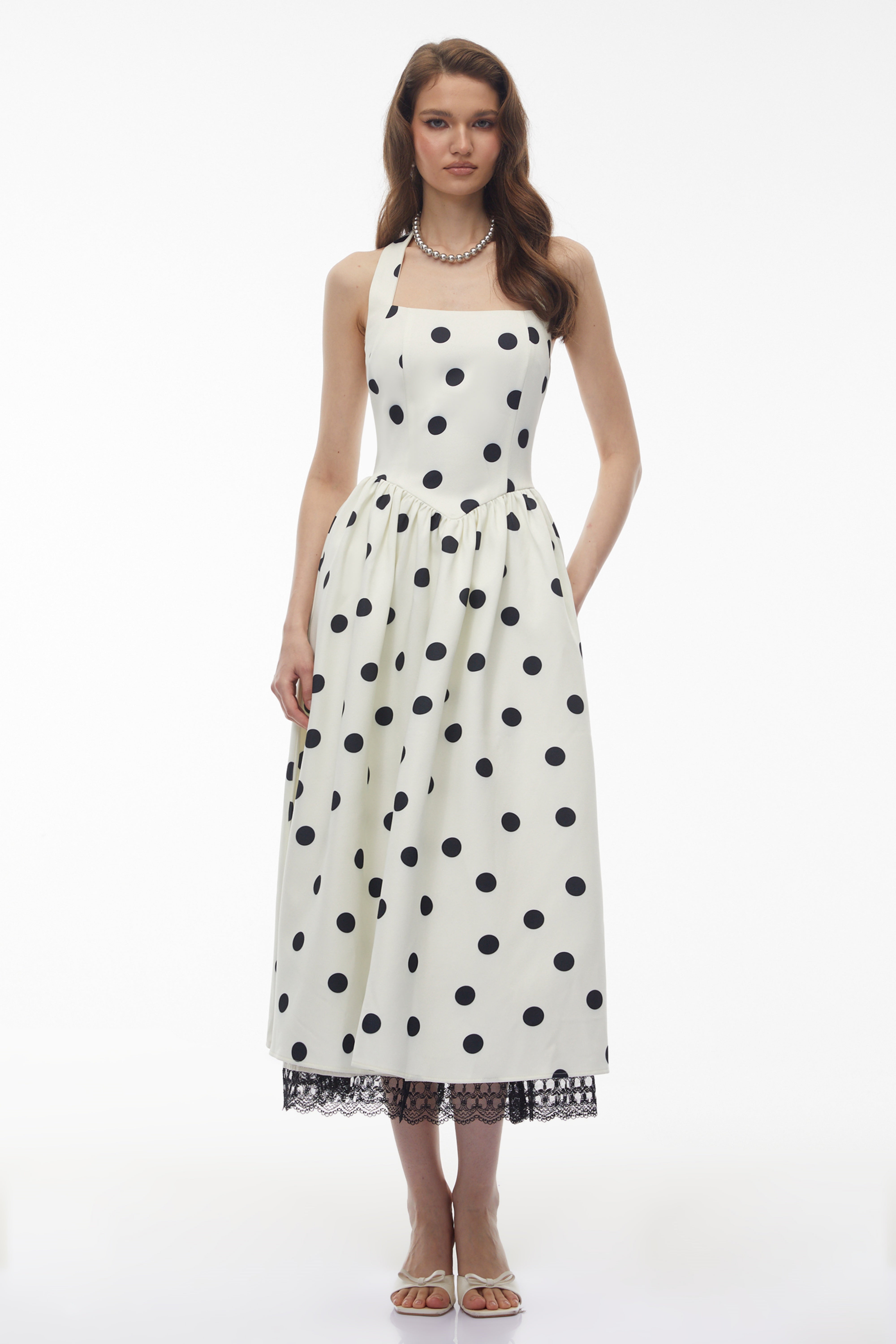 Robe midi à pois blancs Odelia avec bordure en dentelle (Vente définitive - États-Unis uniquement)