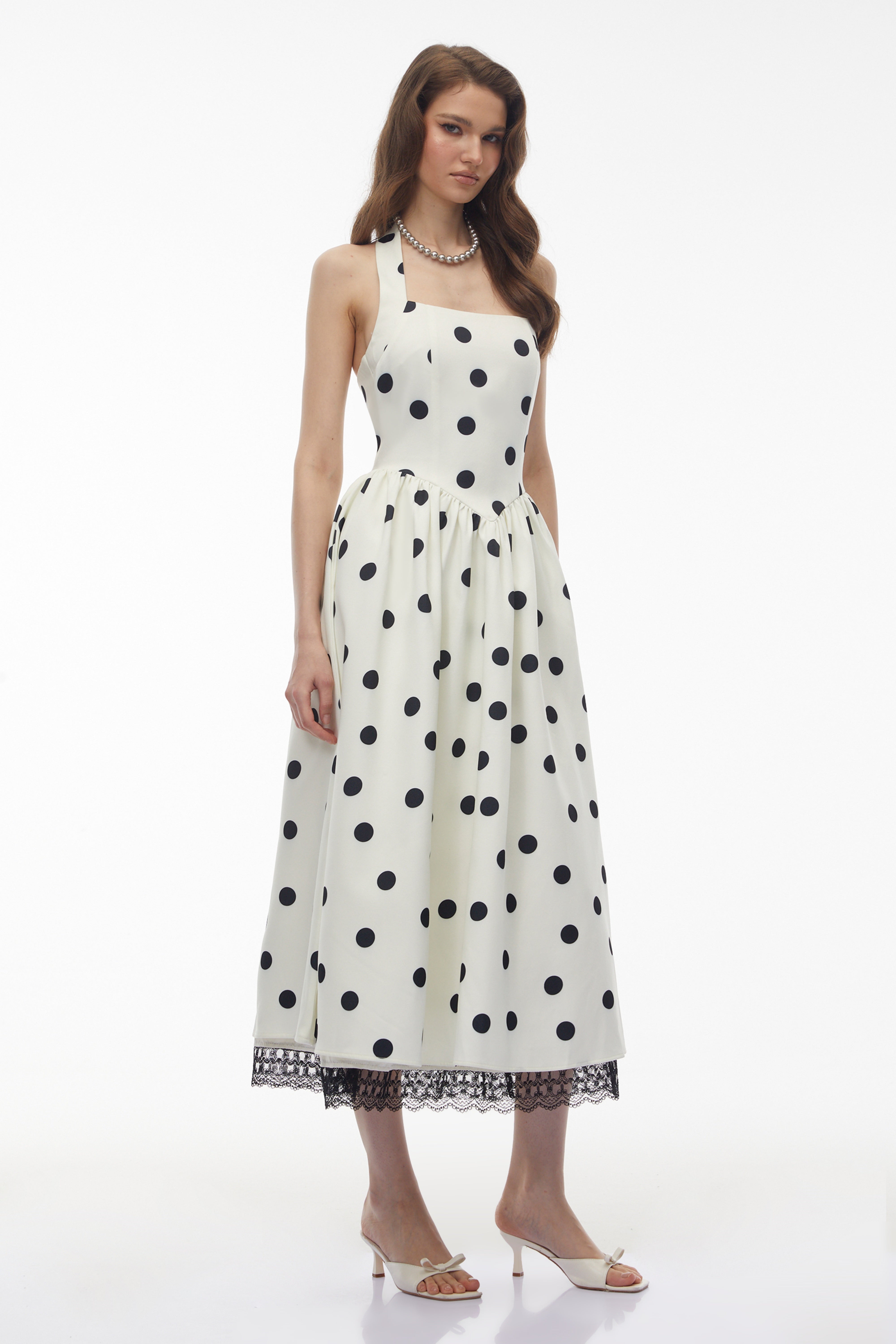 Robe midi à pois blancs Odelia avec bordure en dentelle (Vente définitive - États-Unis uniquement)