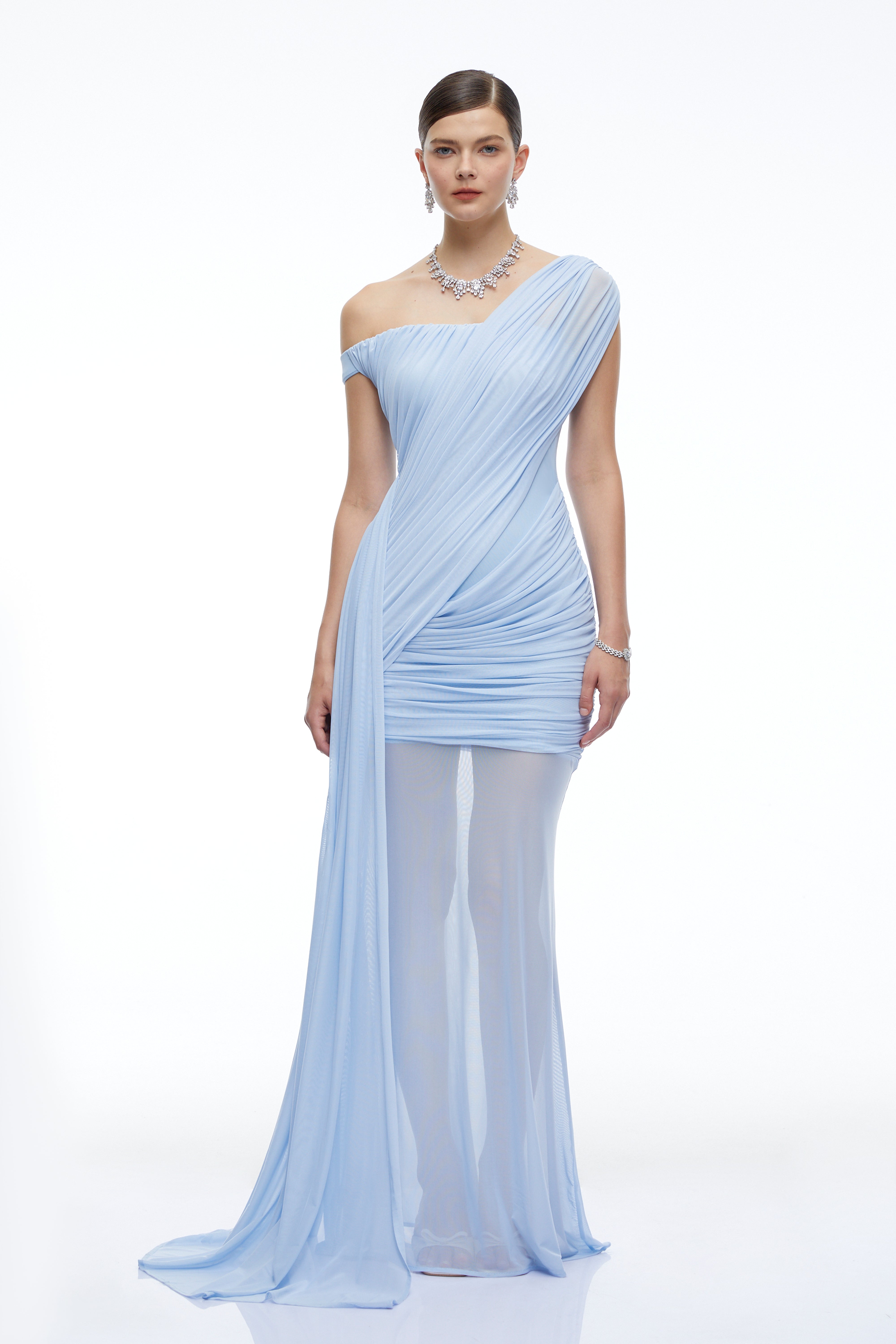 Odette Blue One Shoulder Ruched Maxi Dress