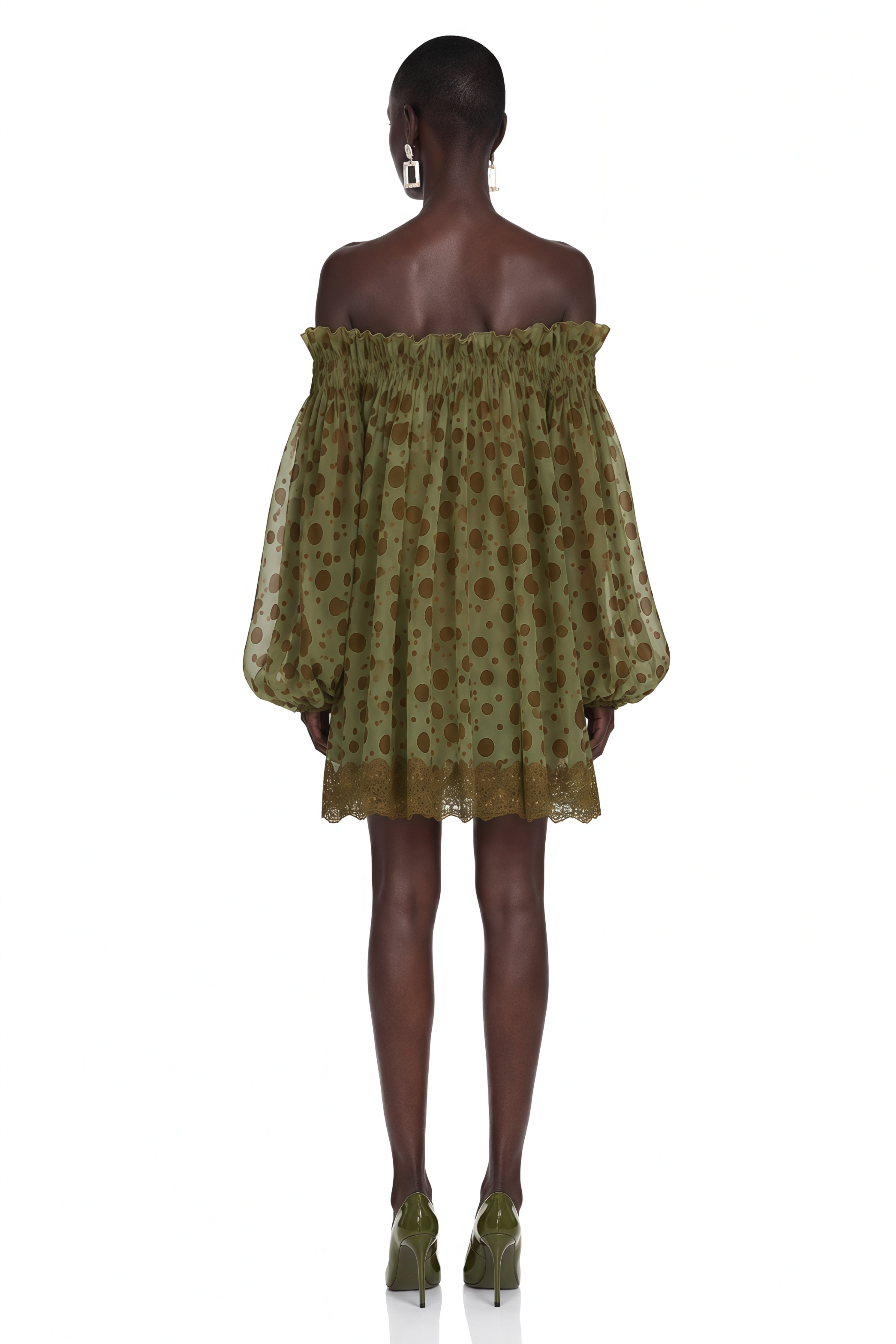 Odile Olive Green Off Shoulder Polka Dot Mini Dress
