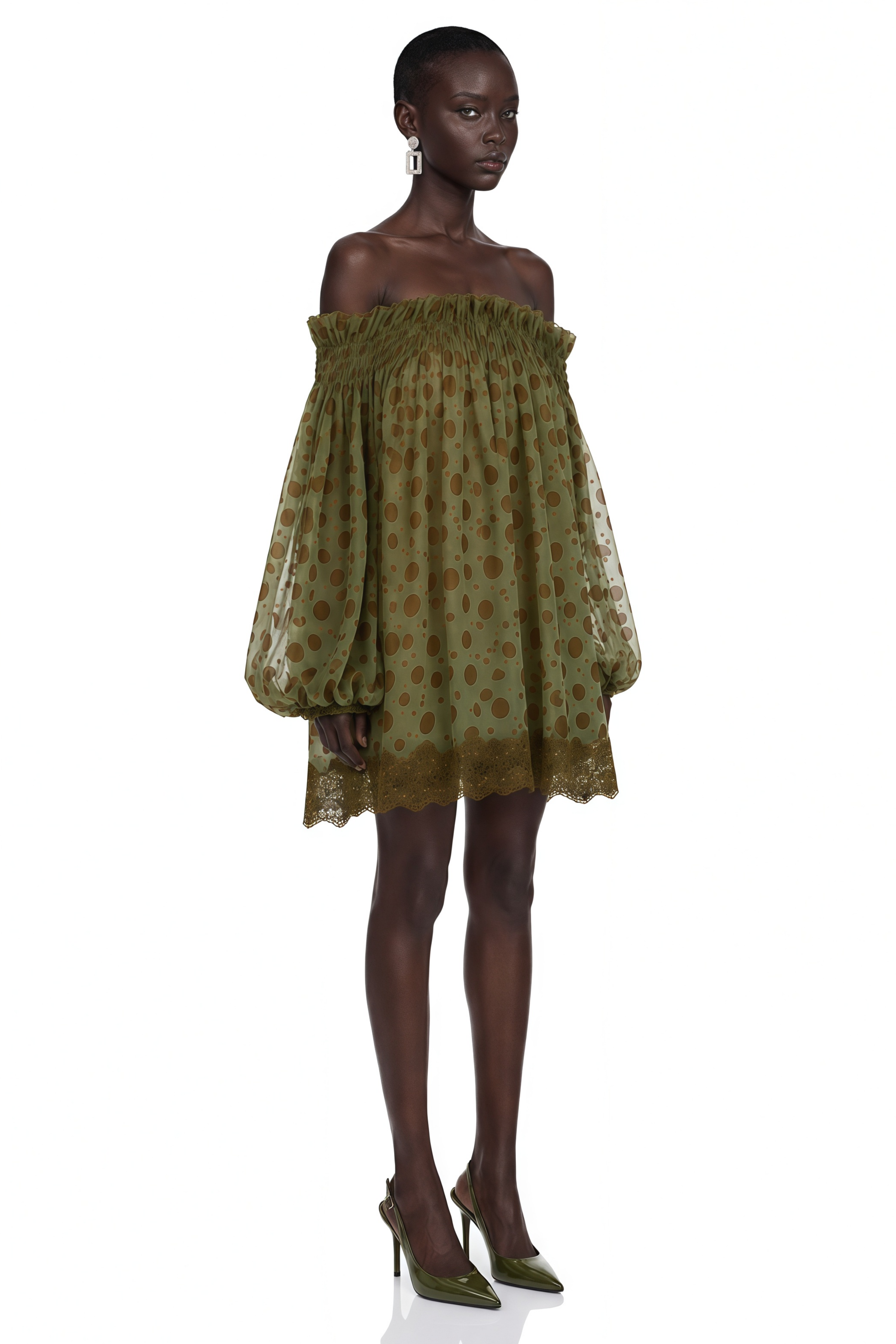 Odile Olive Green Off Shoulder Polka Dot Mini Dress