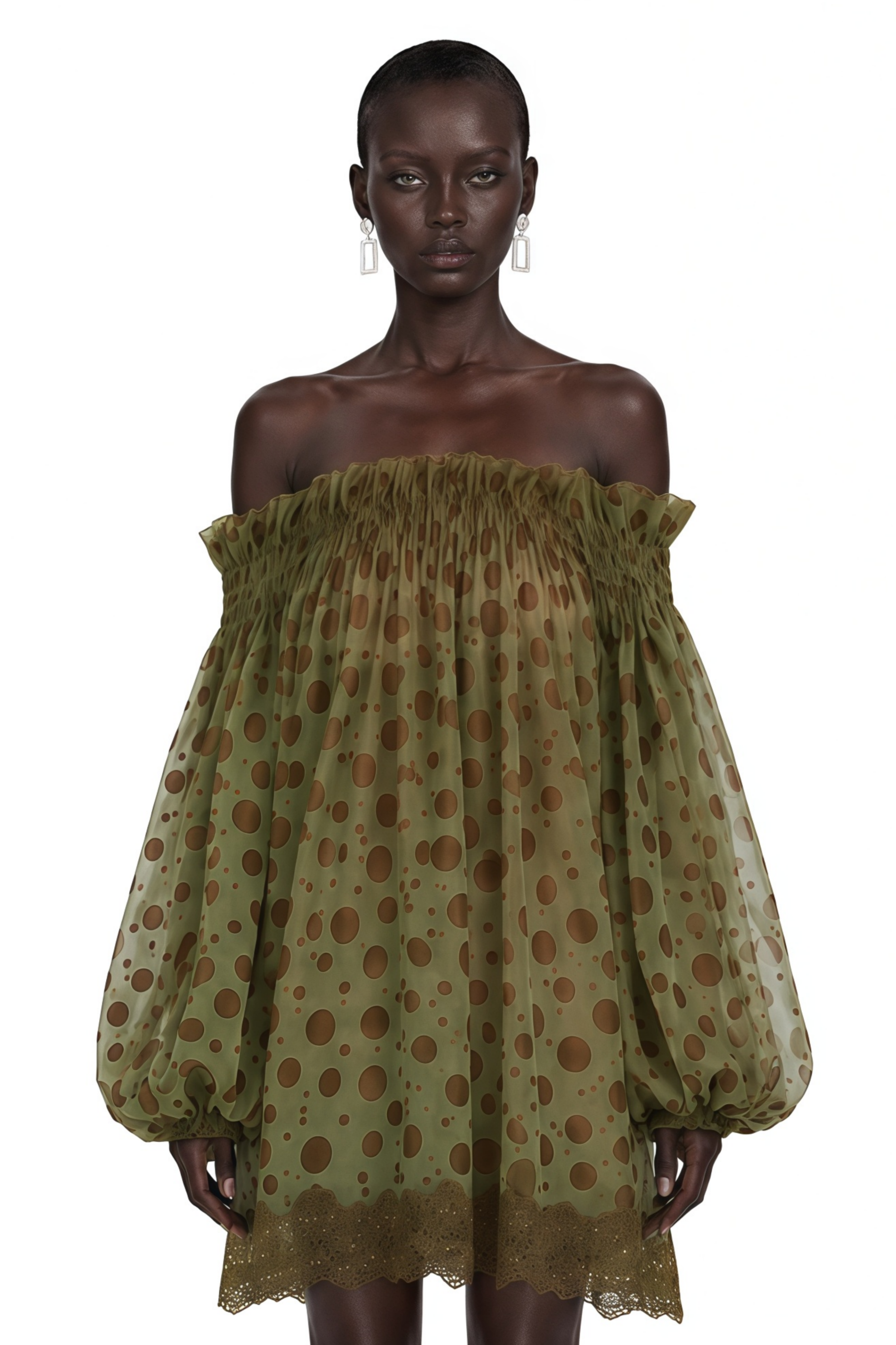 Odile Olive Green Off Shoulder Polka Dot Mini Dress