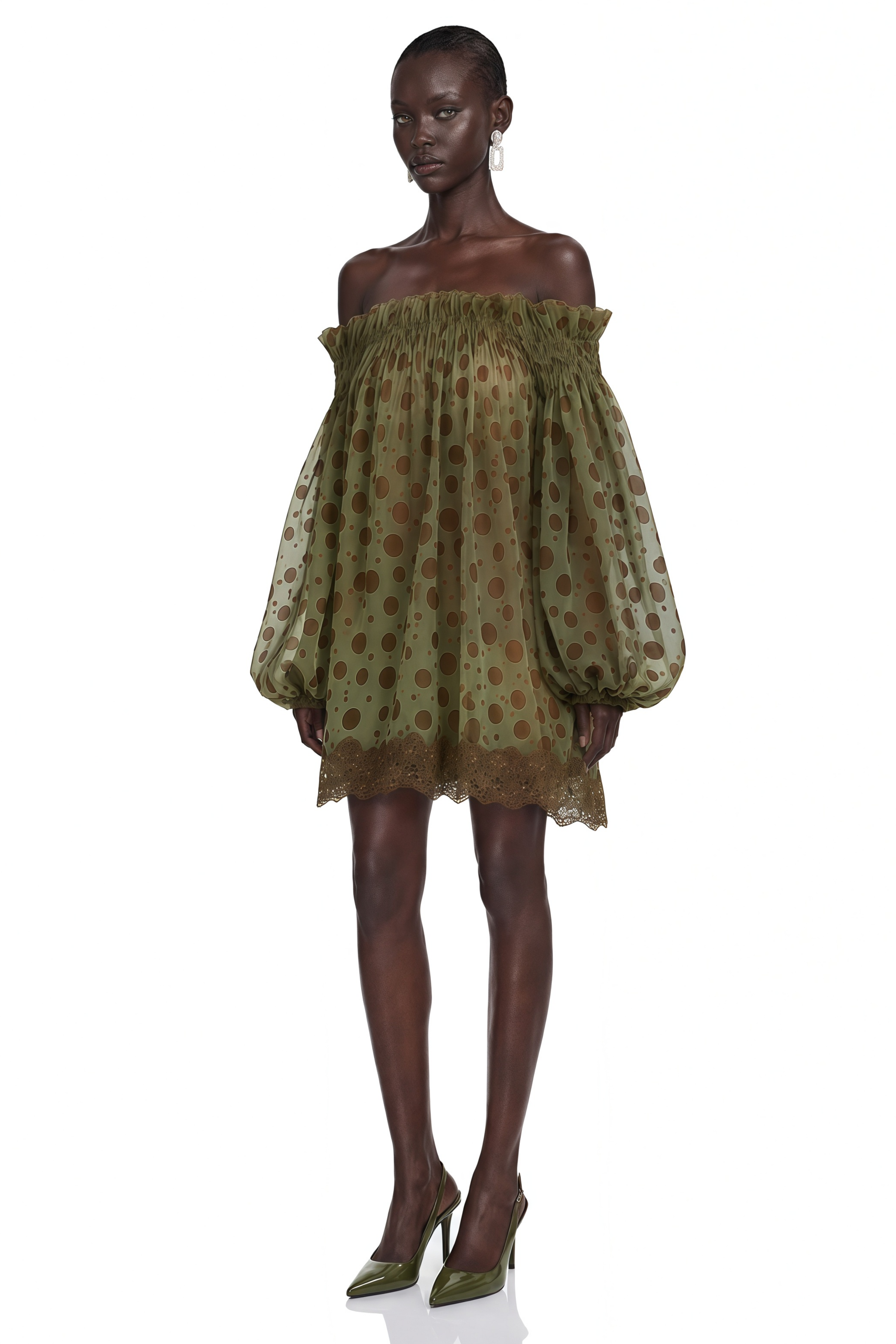Odile Olive Green Off Shoulder Polka Dot Mini Dress