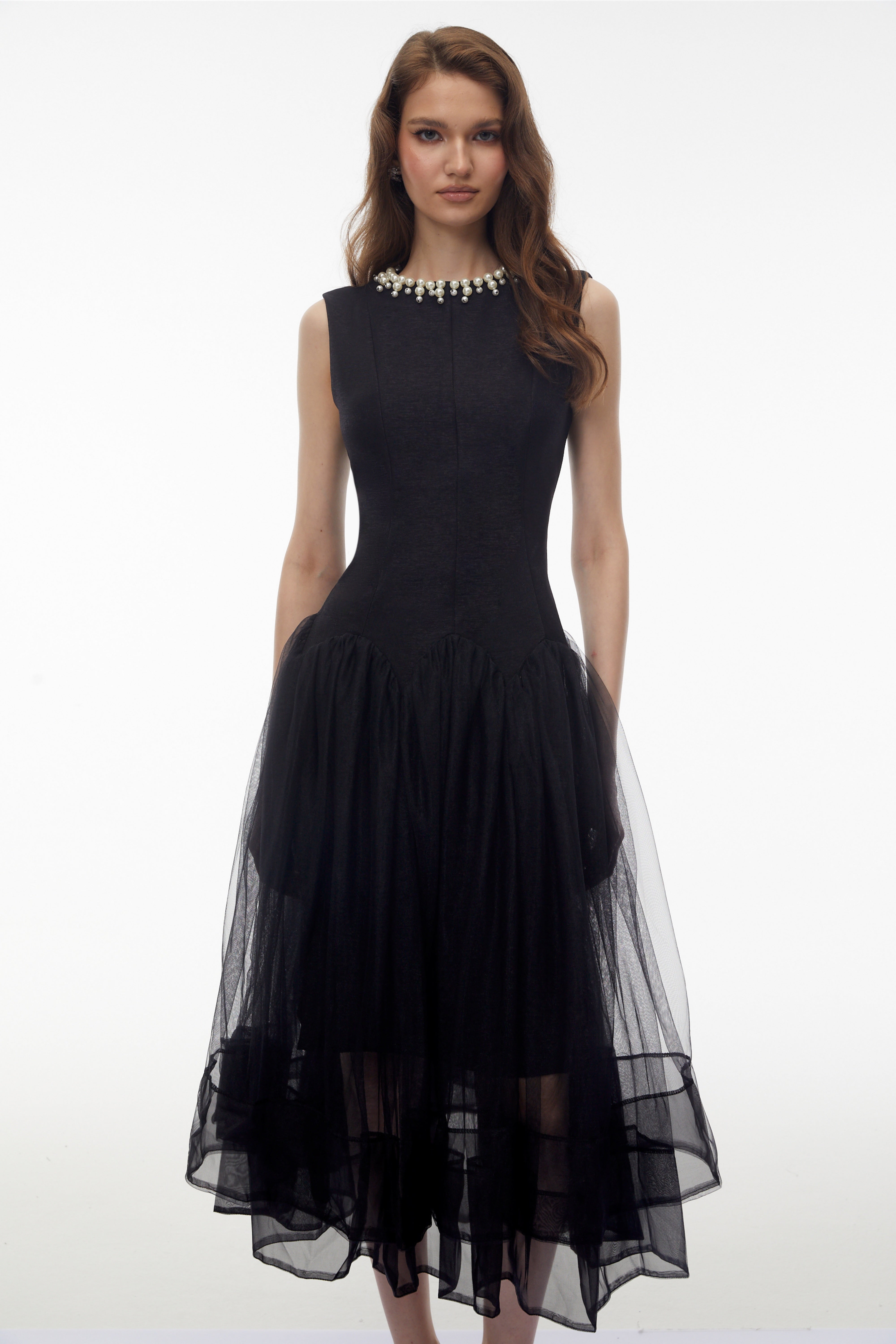 Black sleeveless midi dress with pearl neckline and tulle skirt