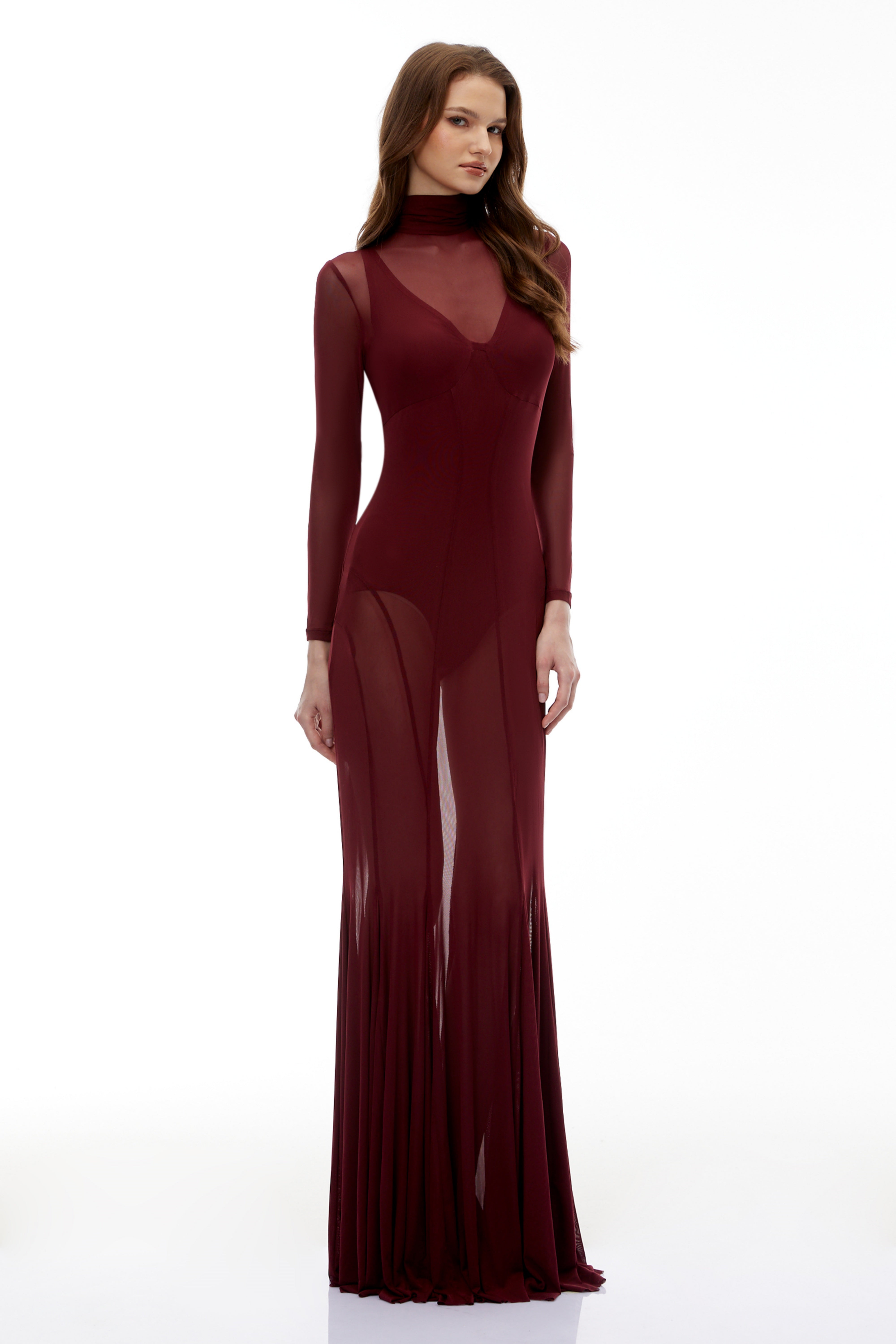 Ofra Burgundy Mesh Bodysuit & Dress Set