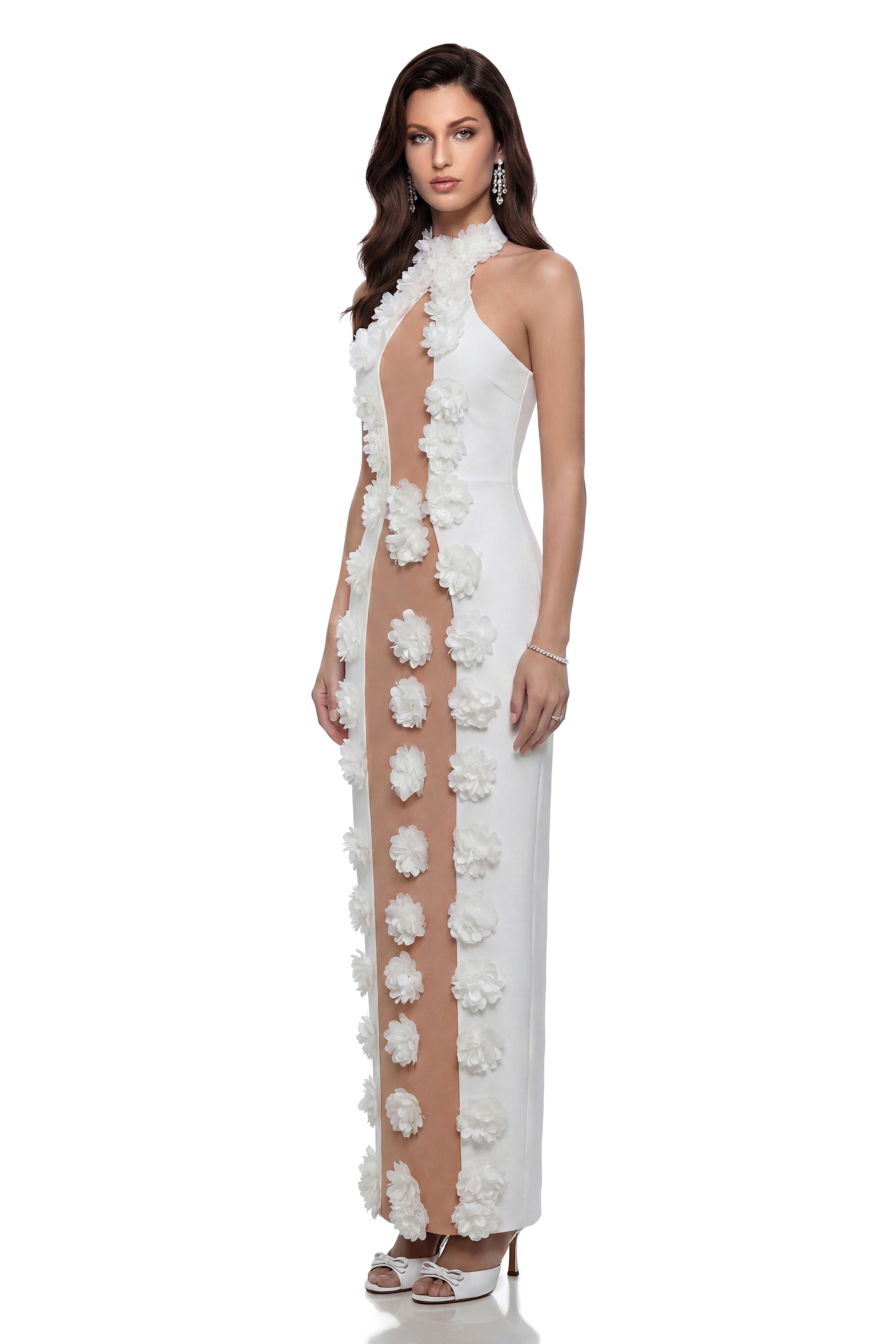 Olesia White Bandage Maxi Dress with 3D Petals