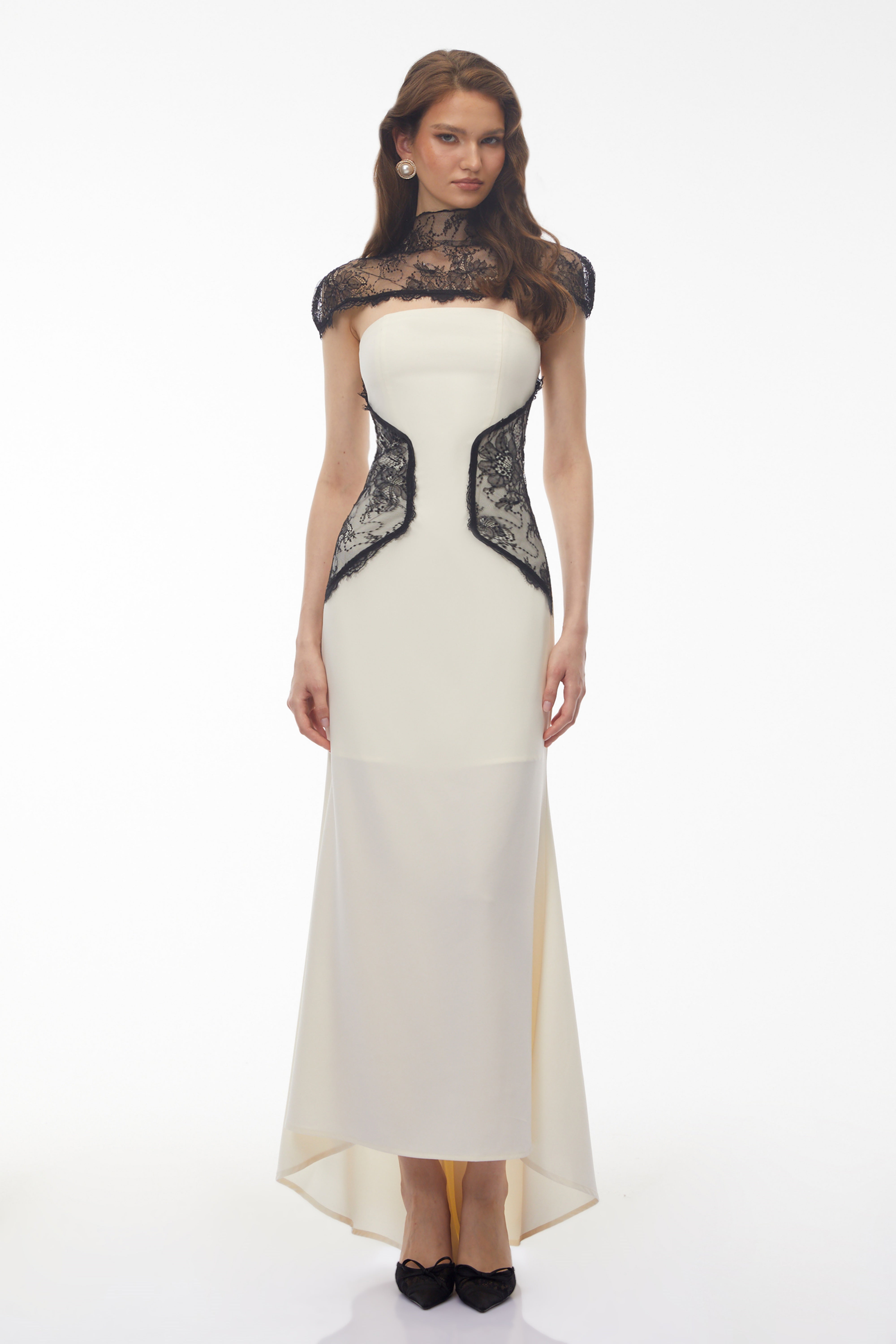 White Satin Mermaid Gown with Black Lace Bolero and Side Panels