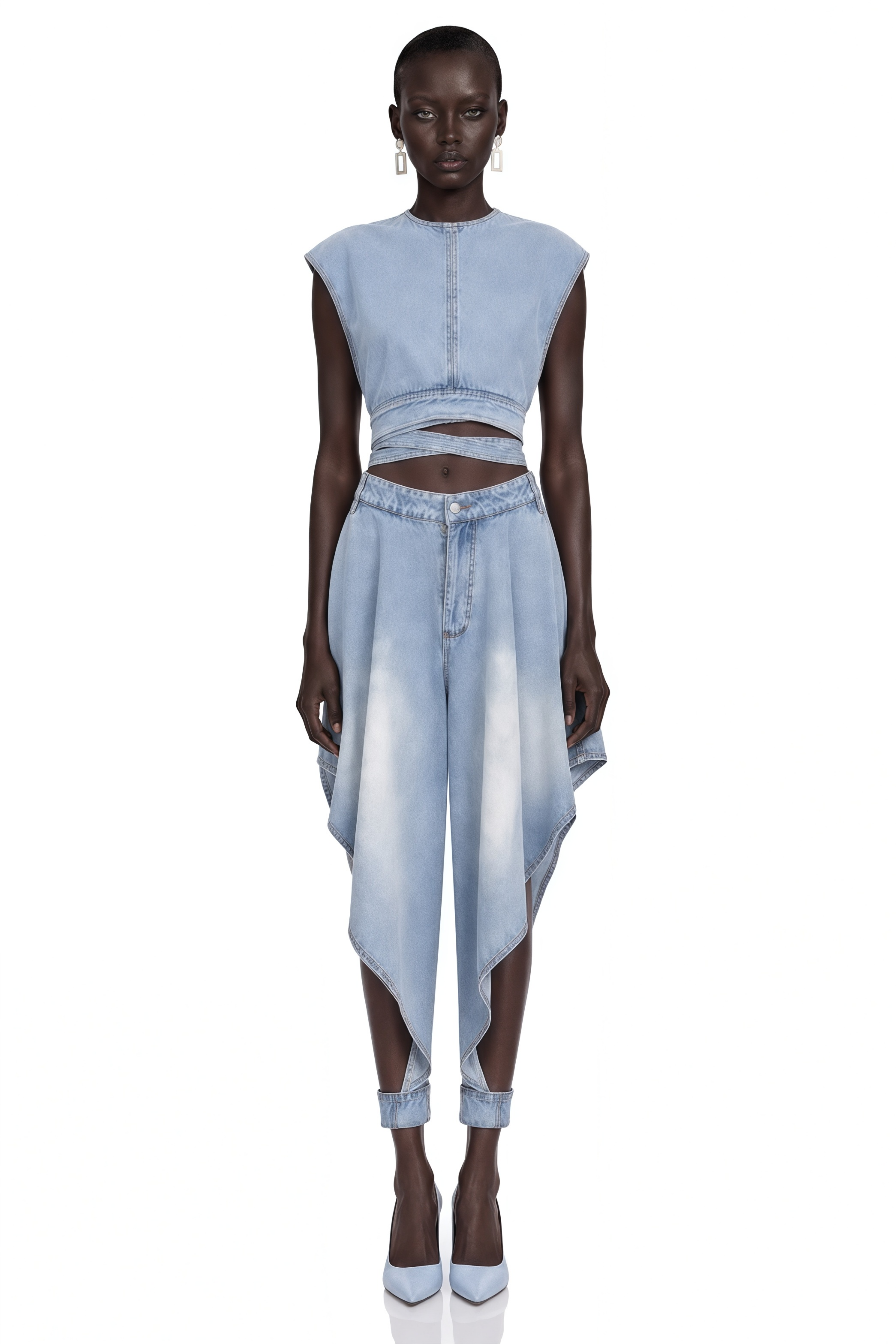 Olivia Blue Denim Top & Asymmetrical Trousers Set