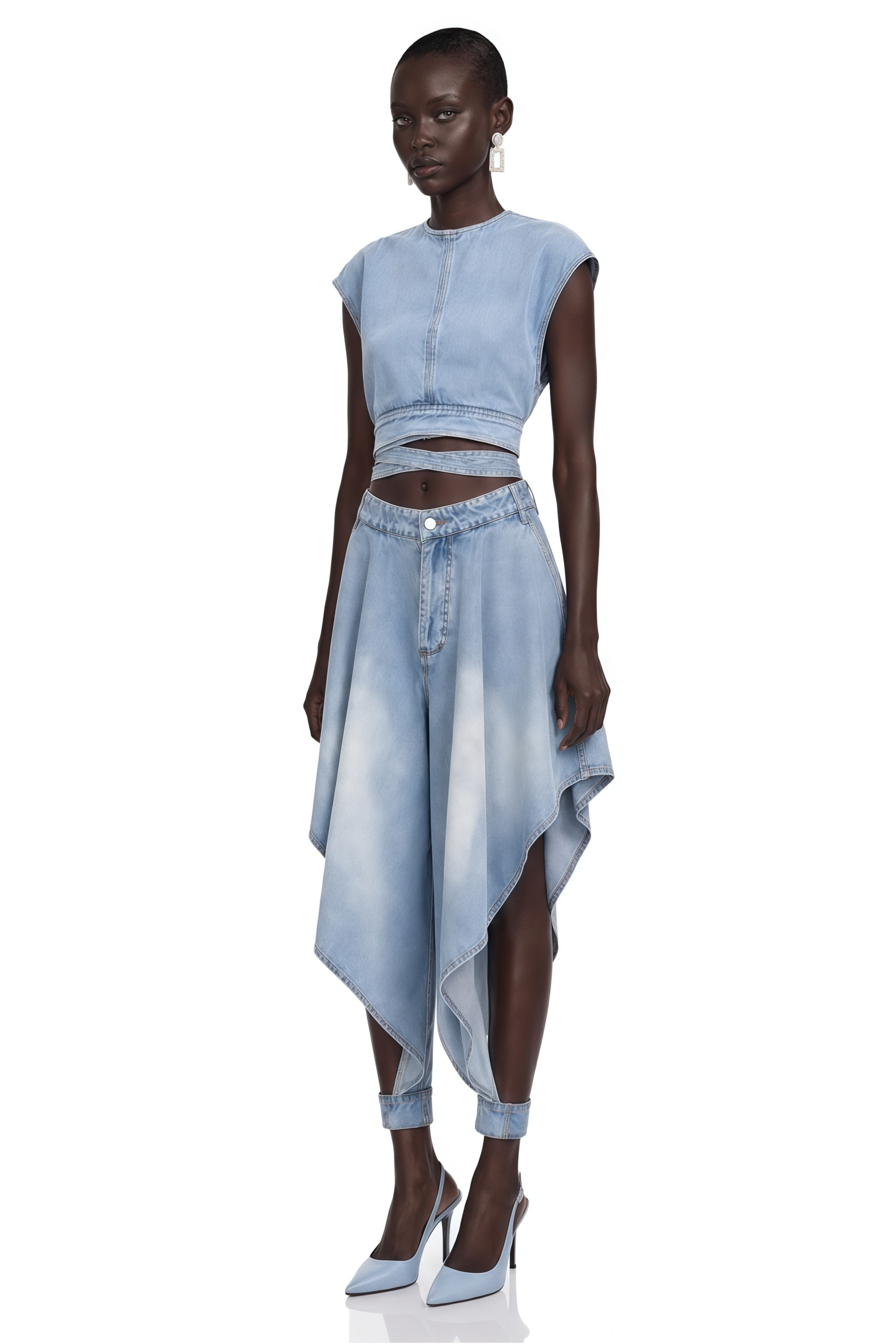 Olivia Blue Denim Top & Asymmetrical Trousers Set