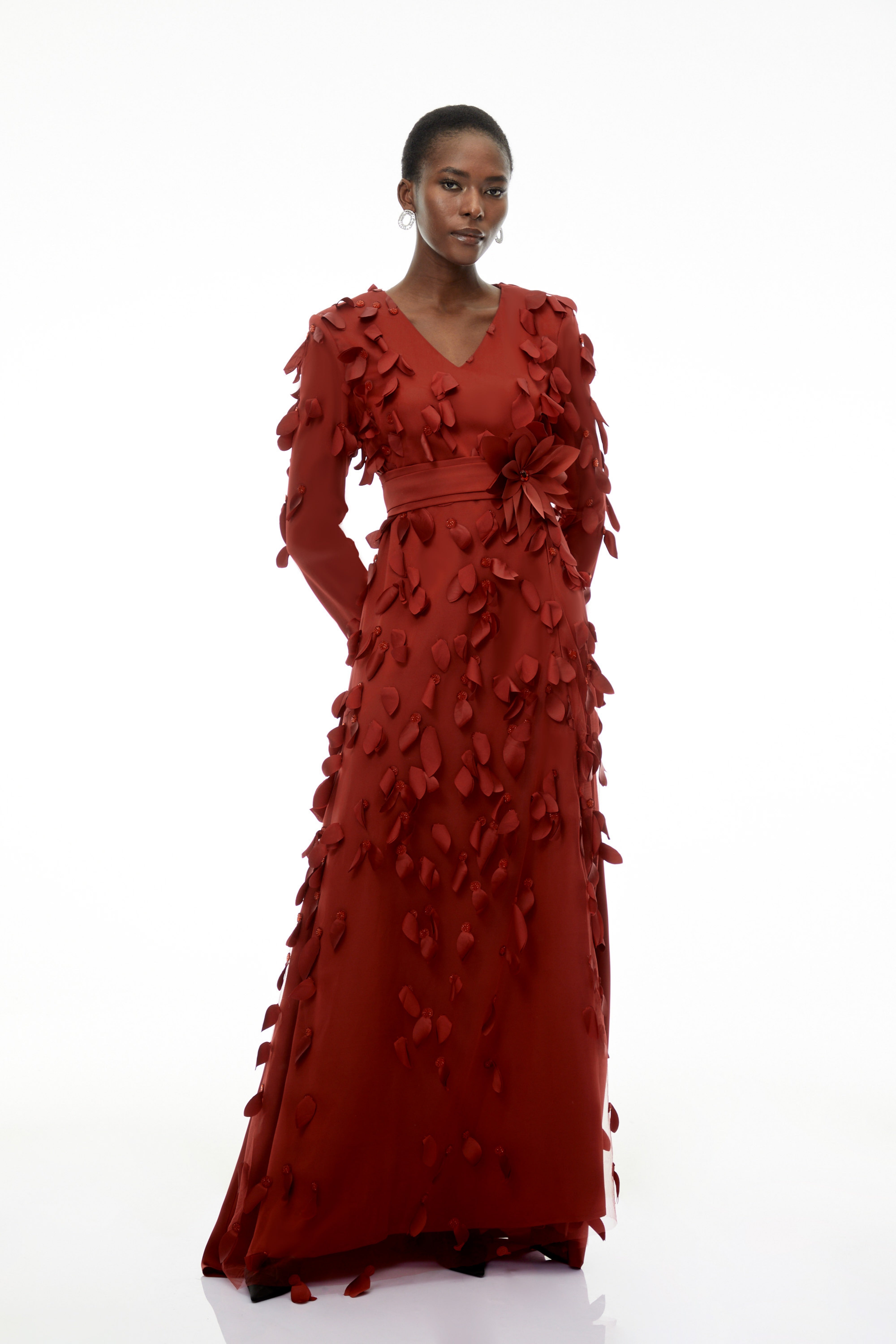 Olivia Red Maxi Dress with All-Over 3D Petals