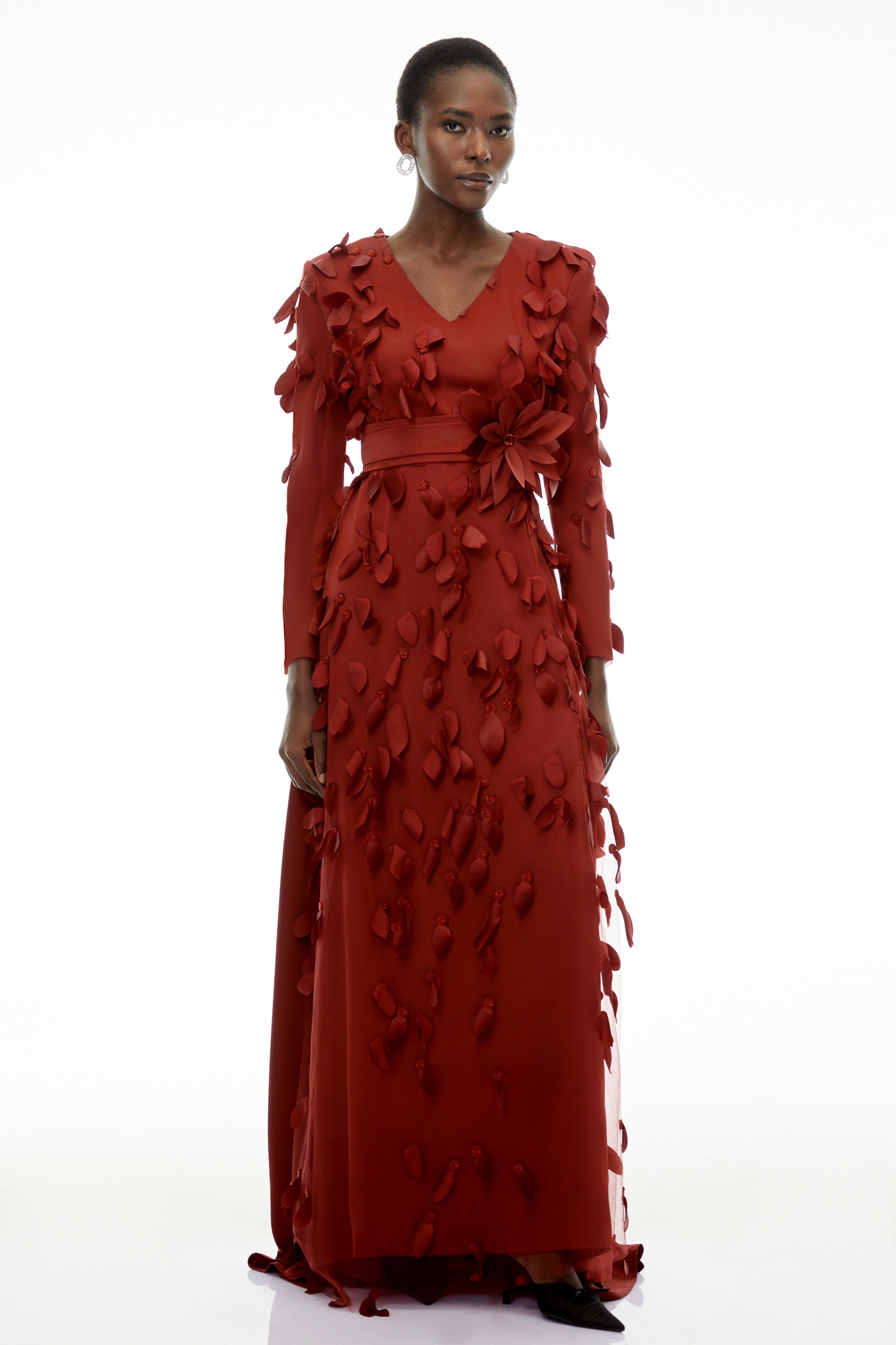 Olivia Red Maxi Dress with All-Over 3D Petals