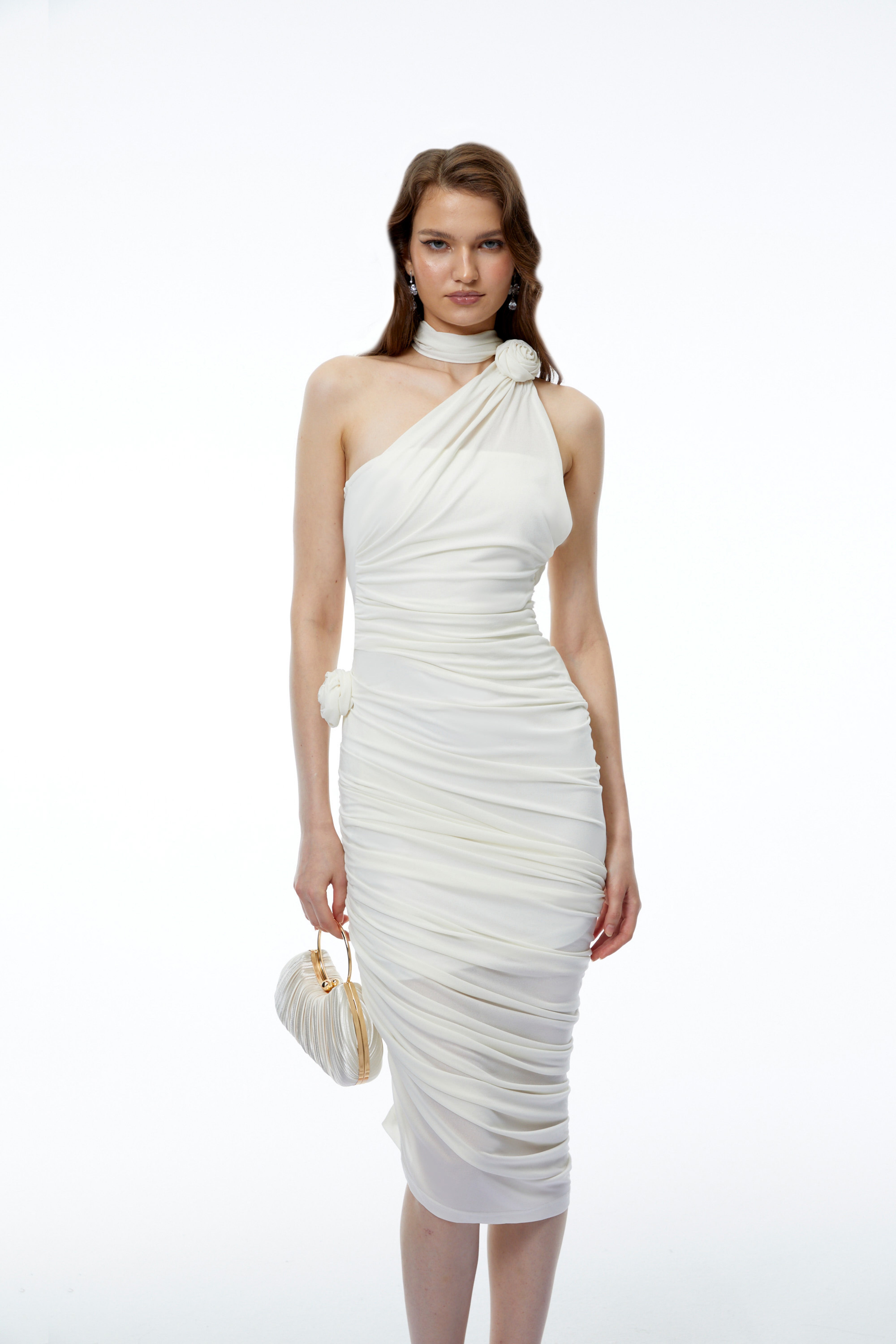 Olivia White Halterneck Ruched Midi Dress with 3D Florals (Final Sale)