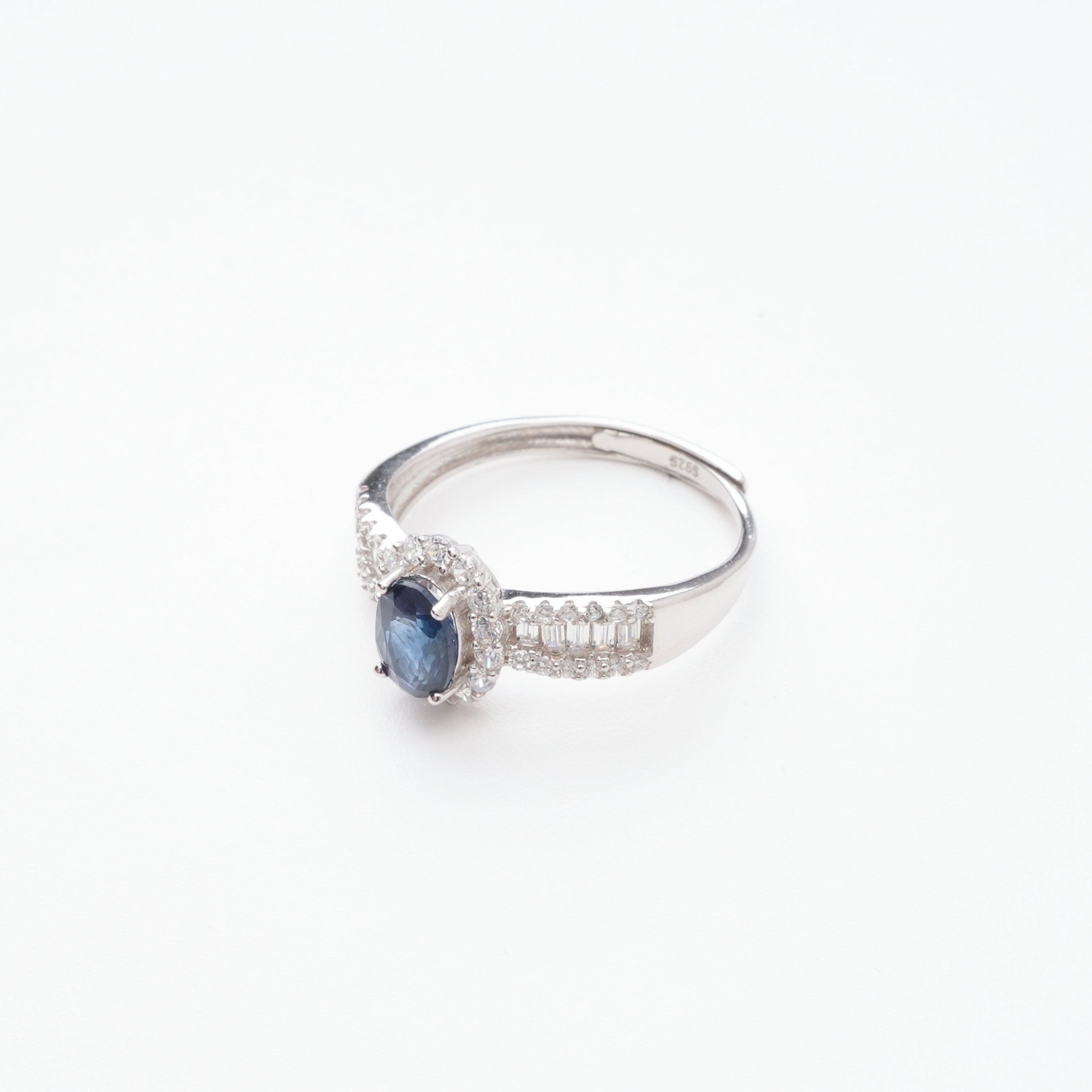 Olympe Blue Sapphire Oval Cut Halo Baguette Crystal Sterling Silver Ring