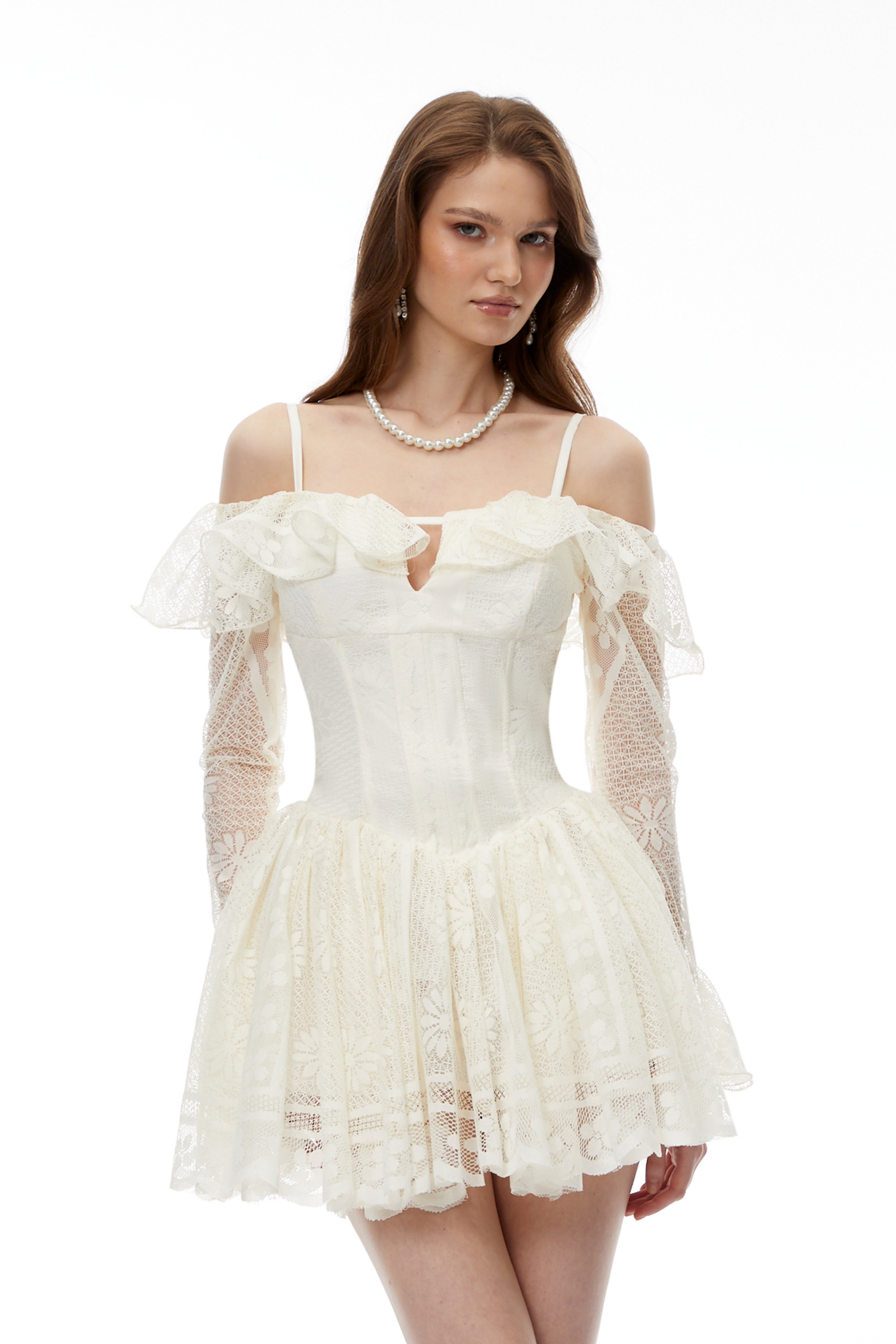 Omphale Neutral Floral Lace Ruffled Mini Dress (Final Sale)