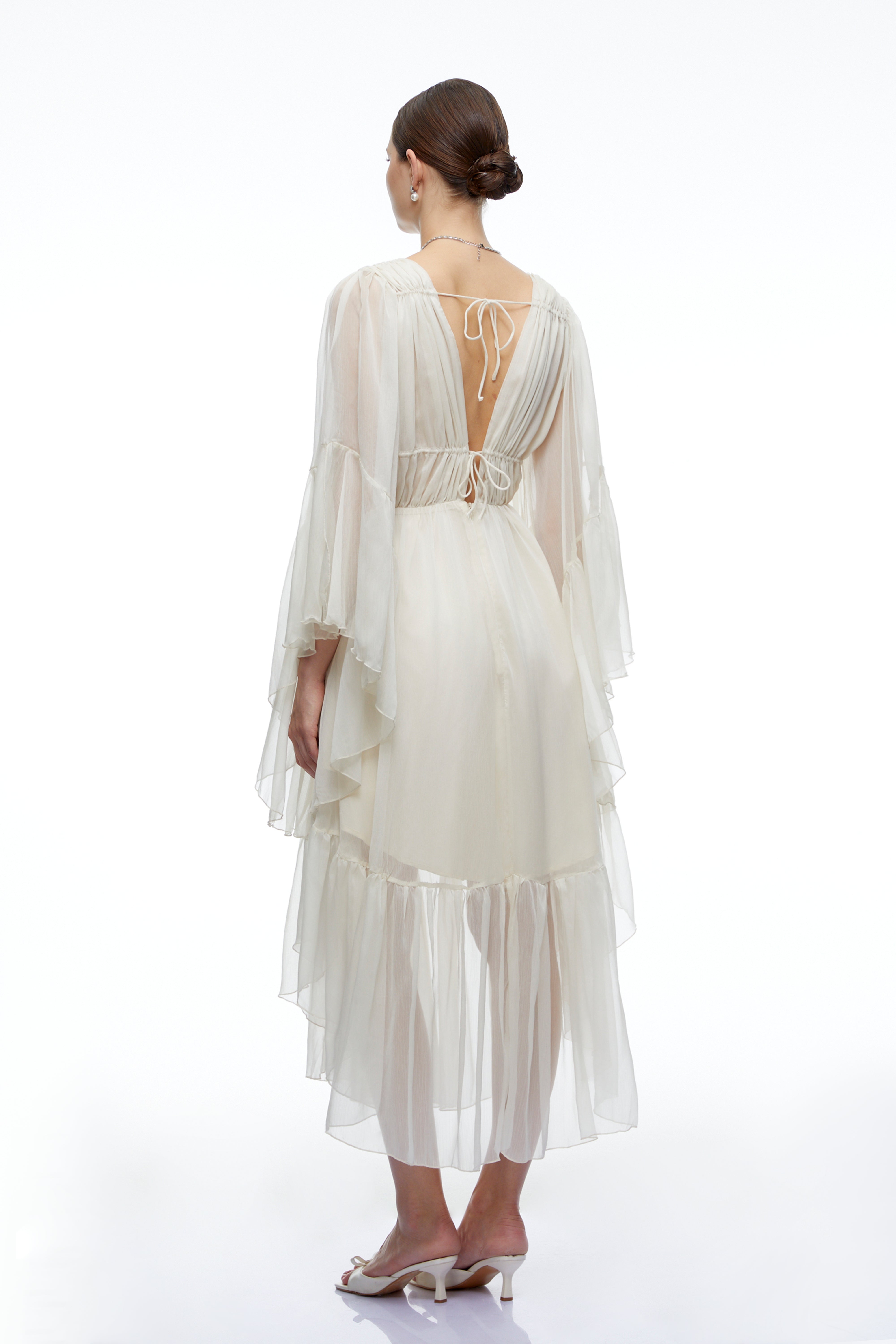Ondine Neutral Plunging Long Sleeve Tiered Midi Dress