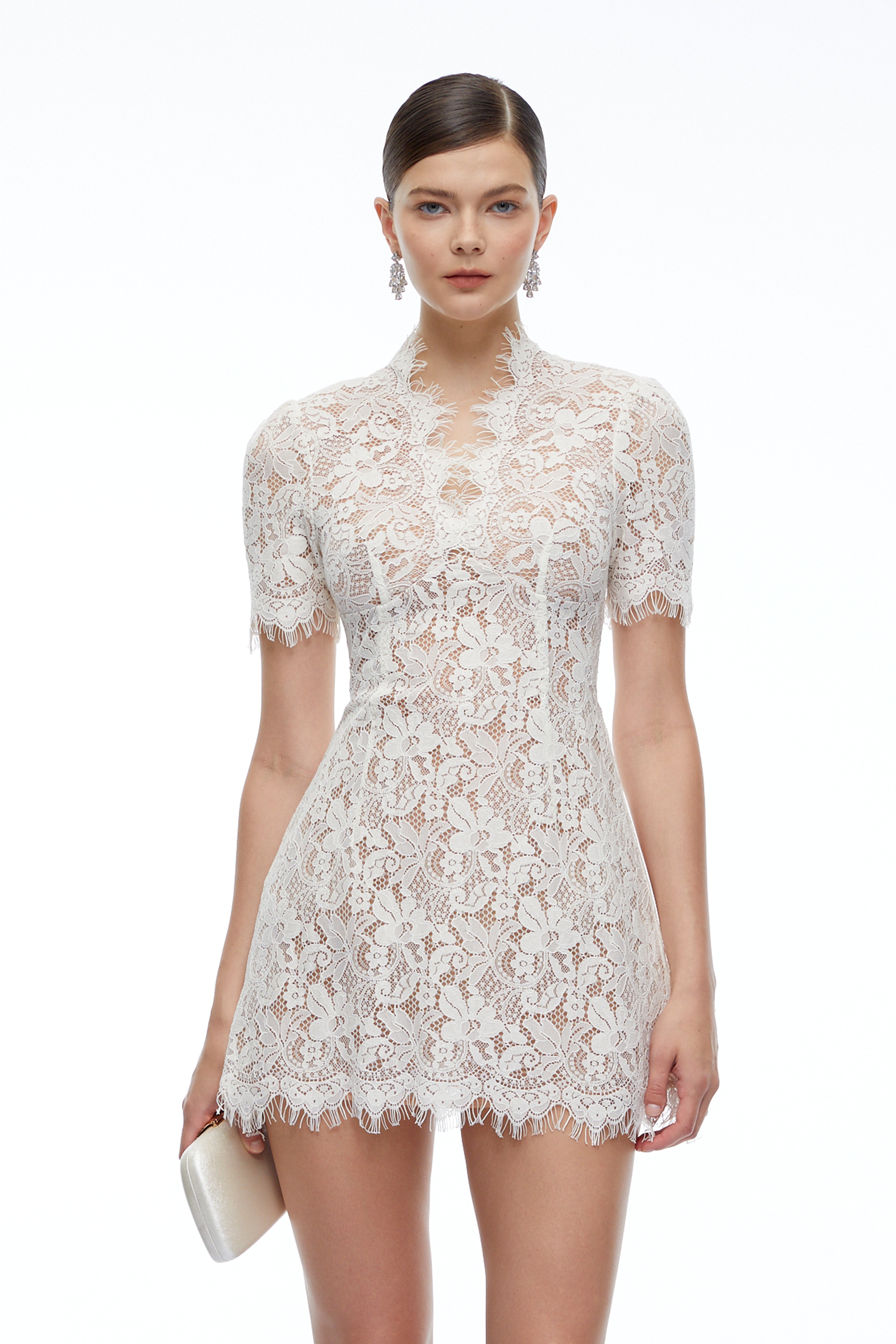 Orinthia White V-Neck Lace Mini Dress