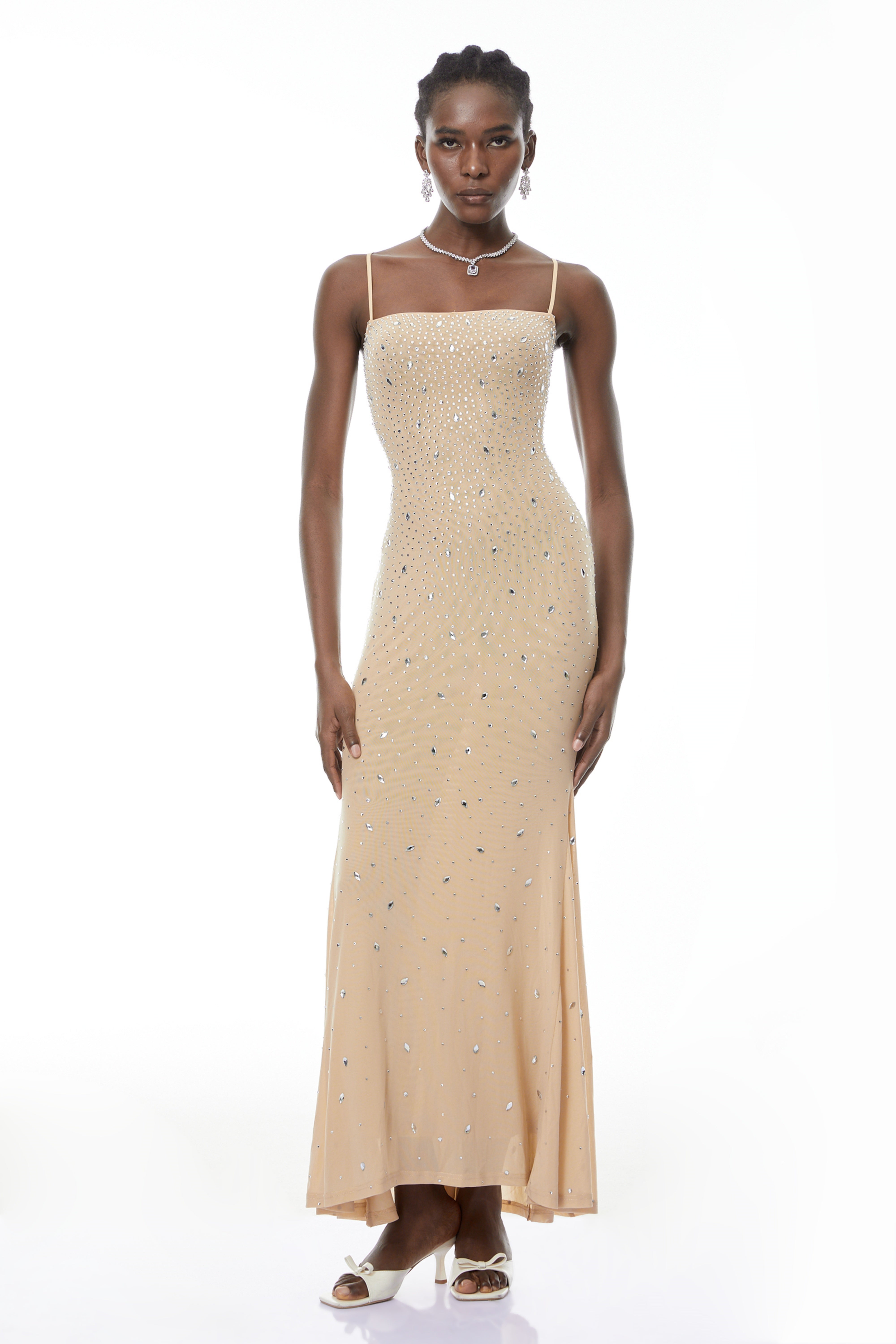 Ottilie Neutral Open Back Embellished Maxi Dress (Final Sale)