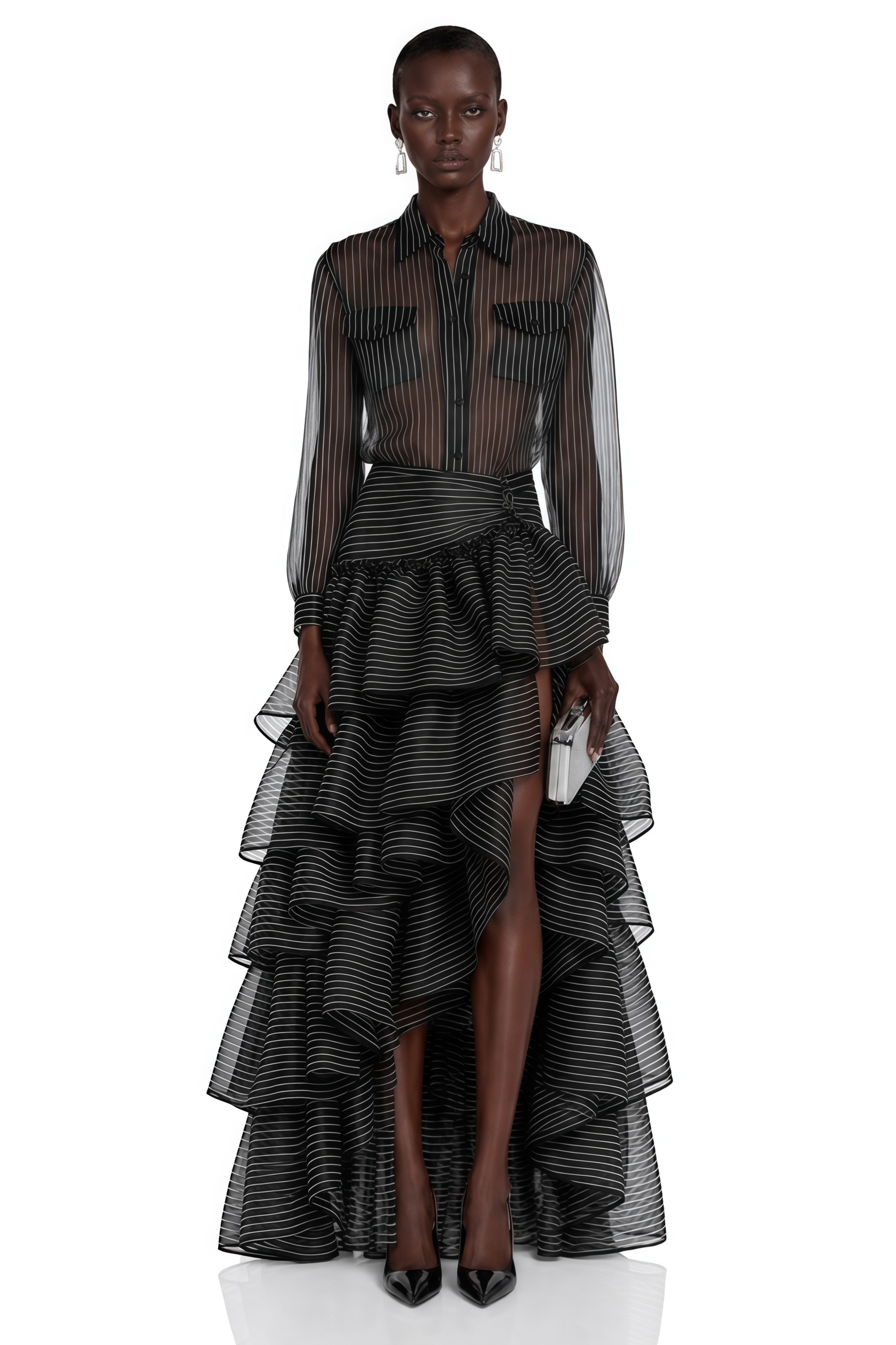 Black striped sheer maxi dress with a long-sleeve button-up top and a tiered ruffled skirt