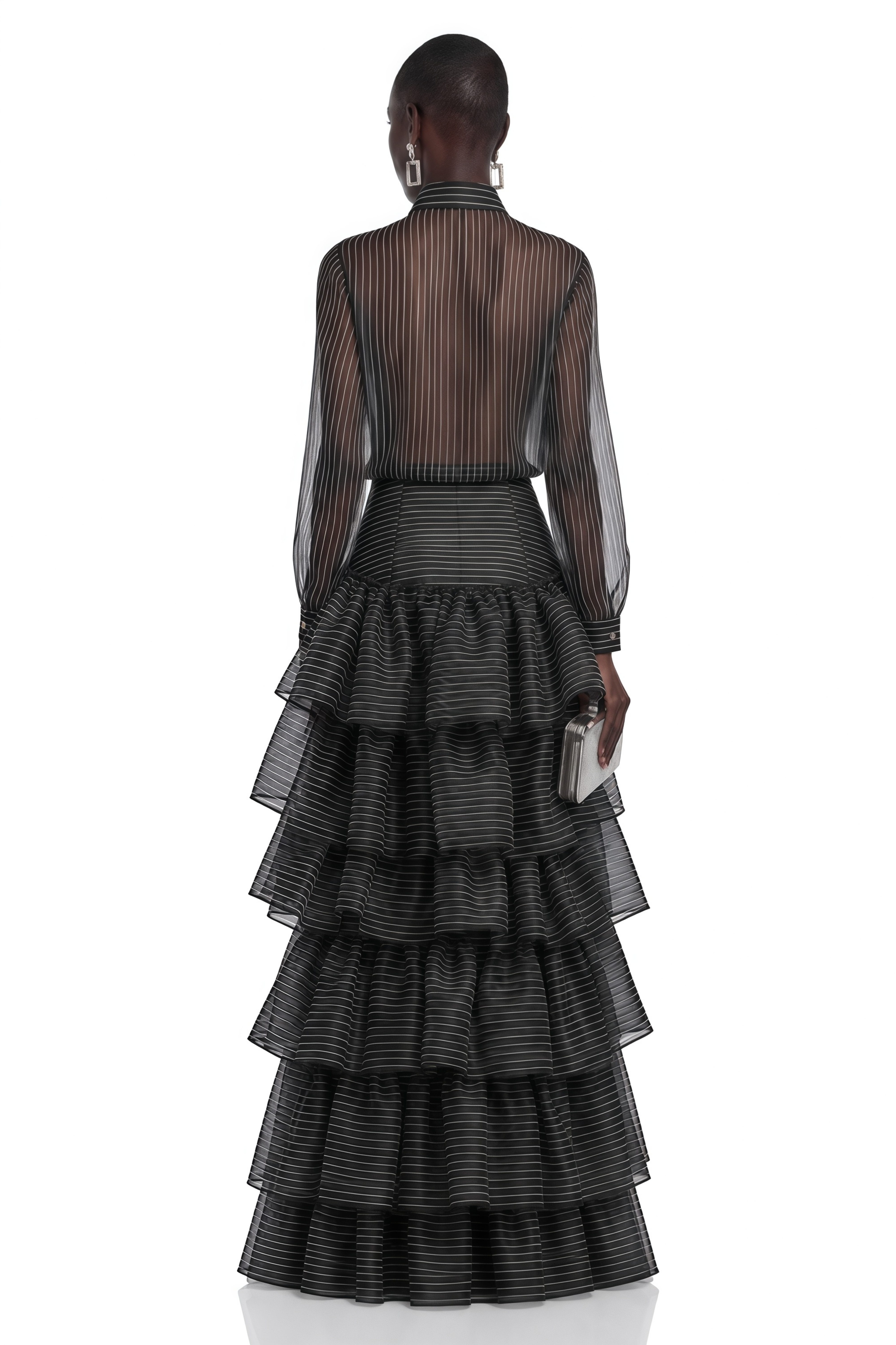 Black striped sheer maxi dress with a long-sleeve button-up top and a tiered ruffled skirt